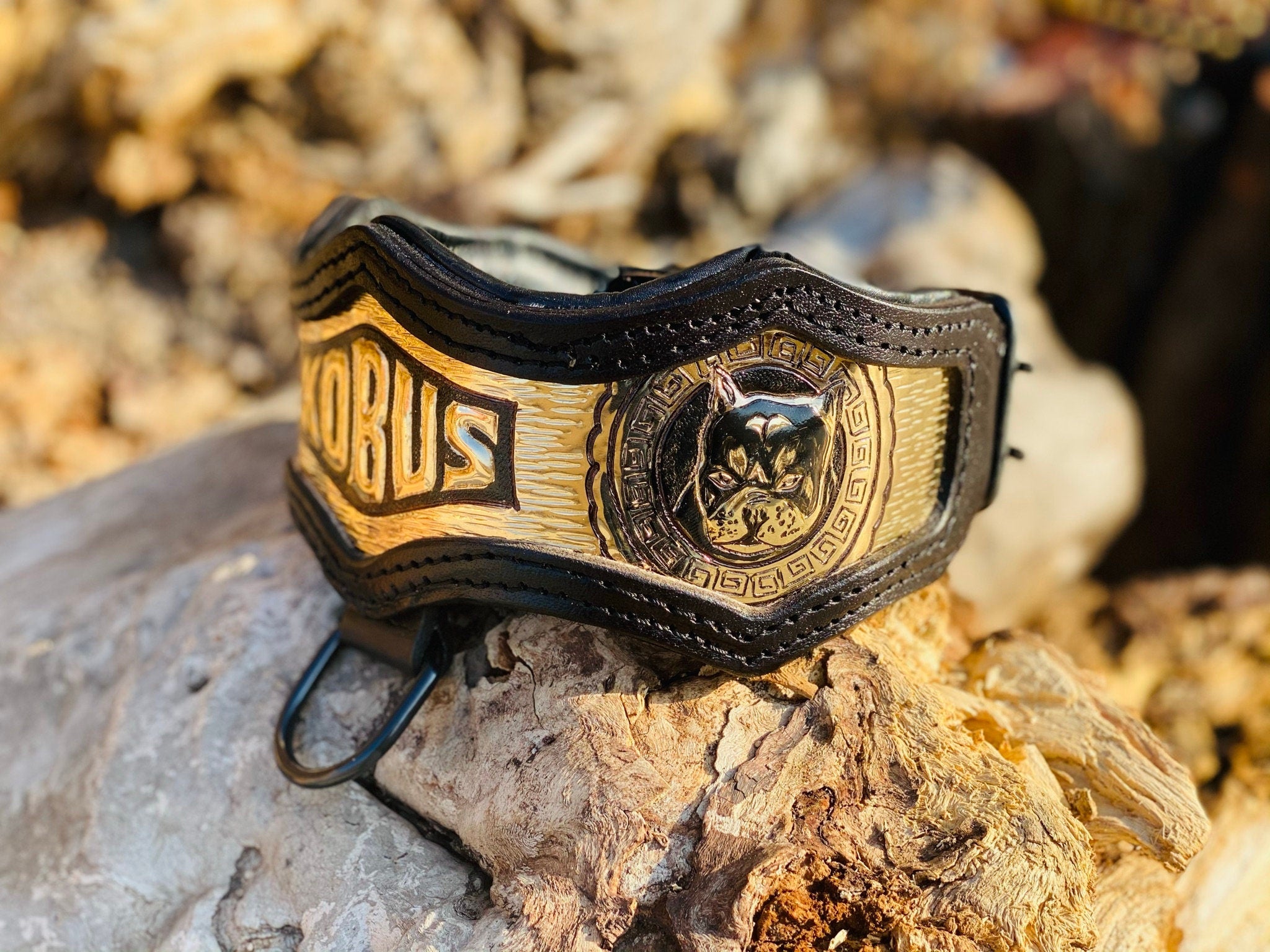 Custom Leather Dog Collar: Copper Inlay, Personalized Name, Mythic Design