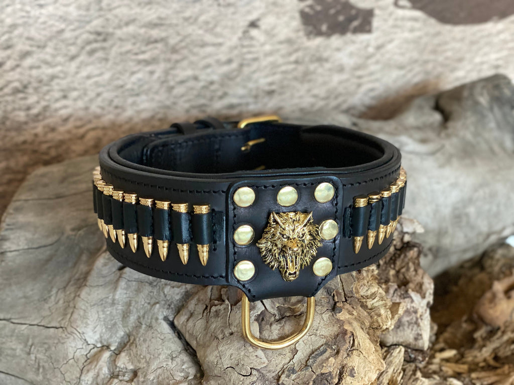 Handmade  Leather Dog Collar with Bullet Accents & Wolf Logo – Strength  Prestige for Large Breeds