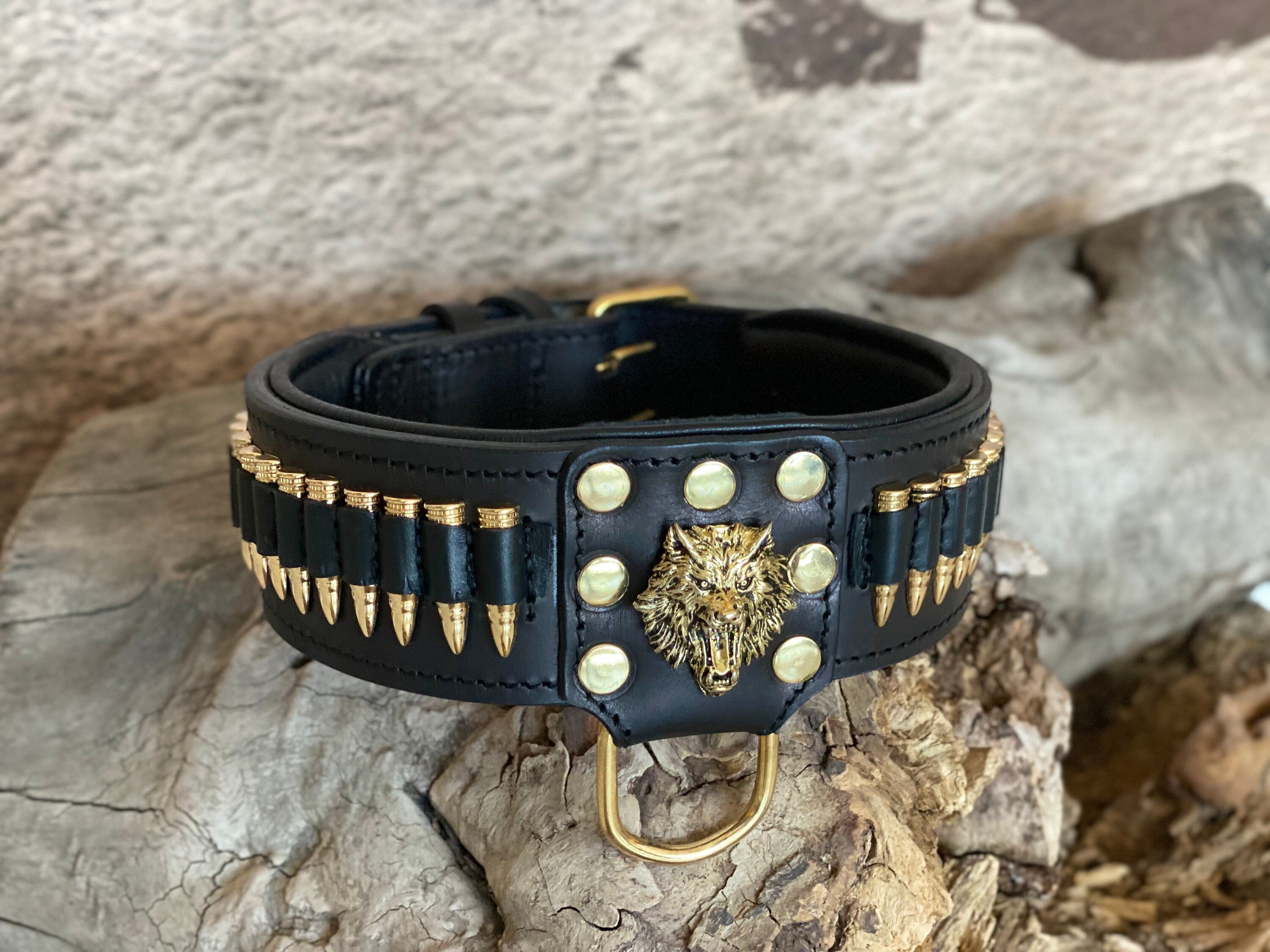 Handmade  Leather Dog Collar with Bullet Accents & Wolf Logo – Strength  Prestige for Large Breeds