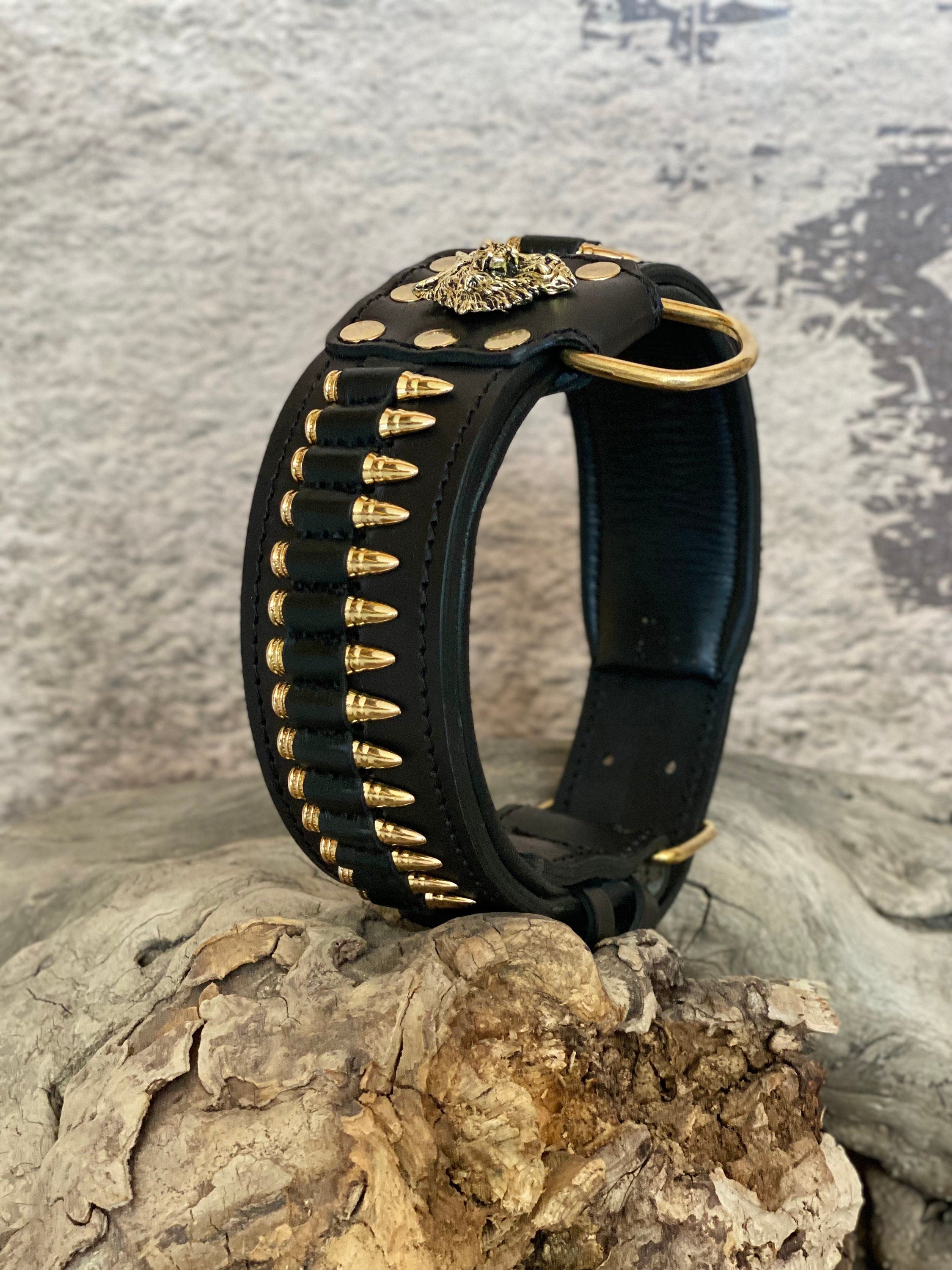 Handmade  Leather Dog Collar with Bullet Accents & Wolf Logo – Strength  Prestige for Large Breeds