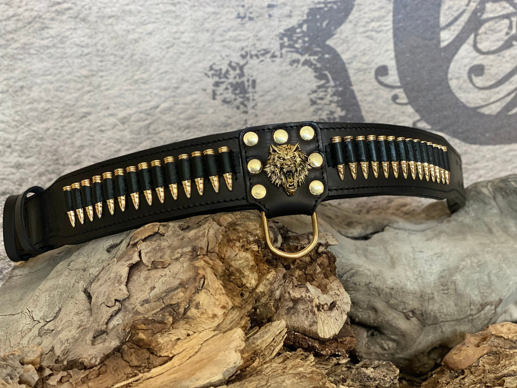 Handmade  Leather Dog Collar with Bullet Accents & Wolf Logo – Strength  Prestige for Large Breeds