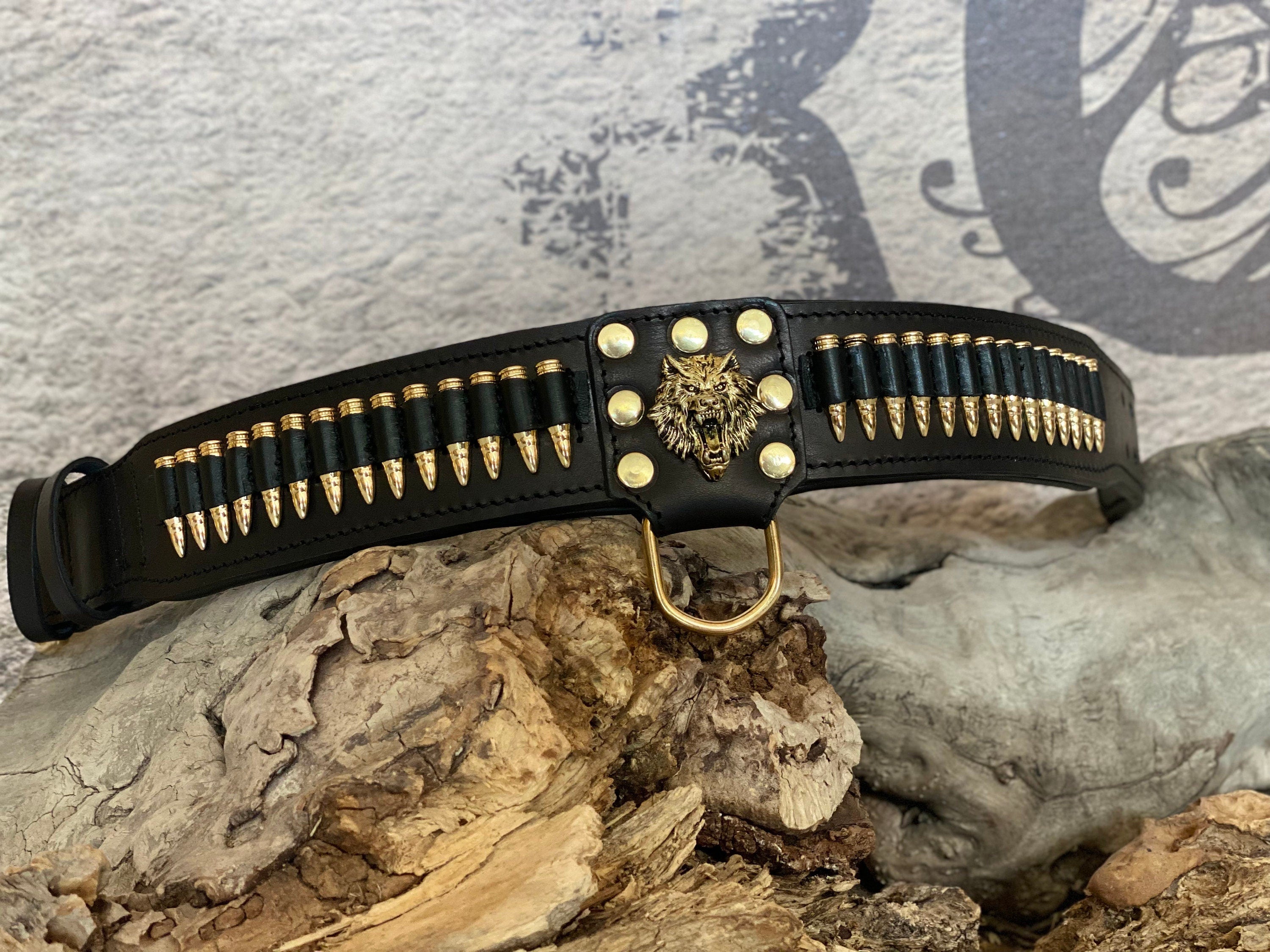 Handmade  Leather Dog Collar with Bullet Accents & Wolf Logo – Strength  Prestige for Large Breeds