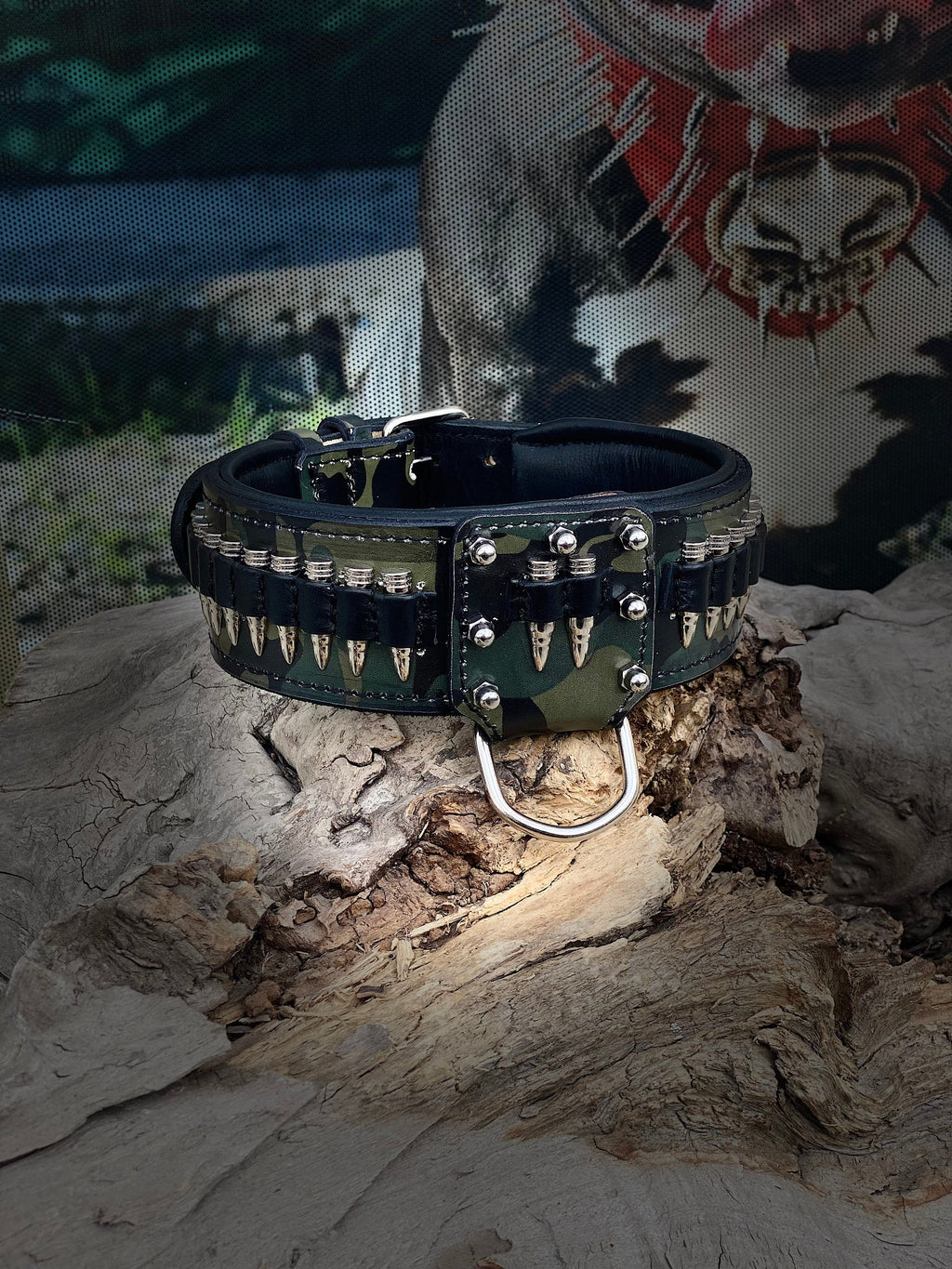 Handmade  Leather Dog Collar with Bullet Accents & Wolf Logo – Strength  Prestige for Large Breeds