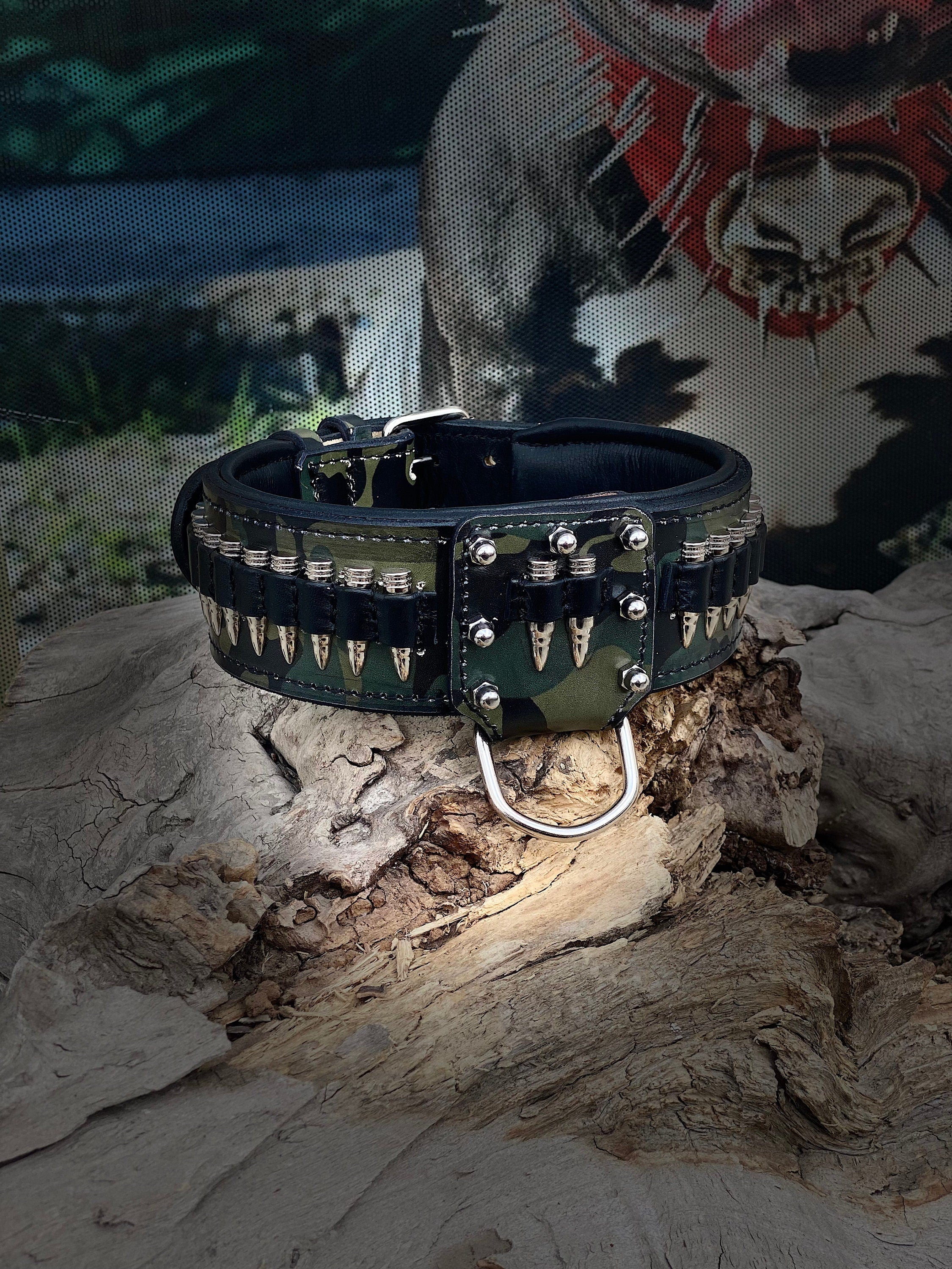 Handmade  Leather Dog Collar with Bullet Accents & Wolf Logo – Strength  Prestige for Large Breeds