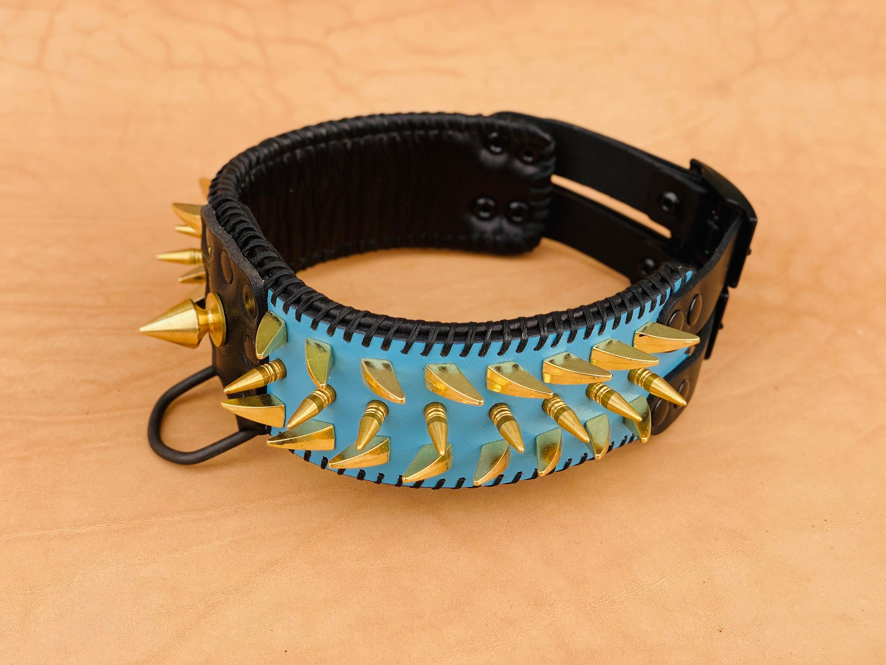 Turquoise Spiked Leather Dog Collar: Gold Spikes, Black Stitch - American Bully