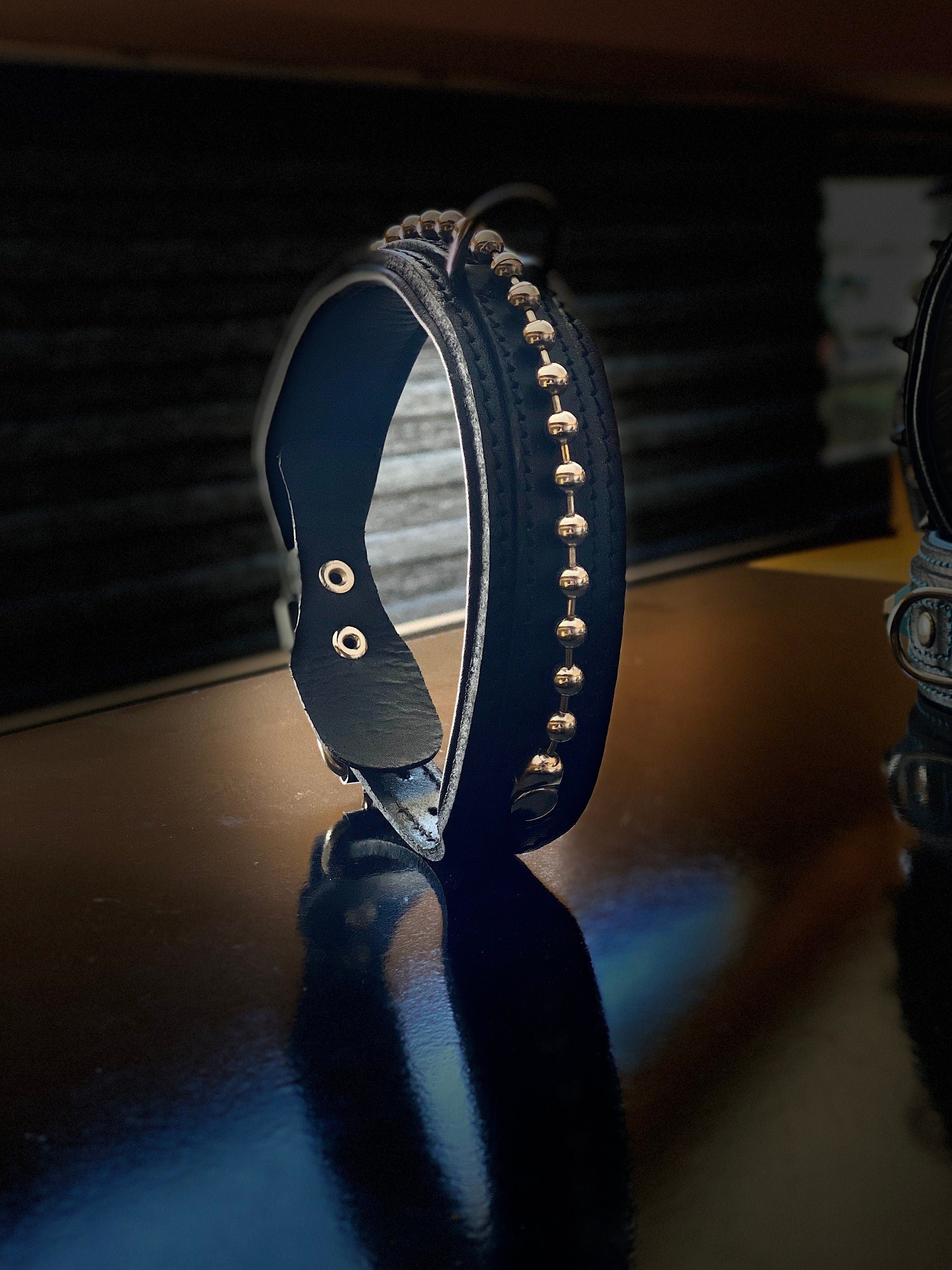 Black Buffalo Leather Dog Collar: Brass Bead Detail, Padded Lining