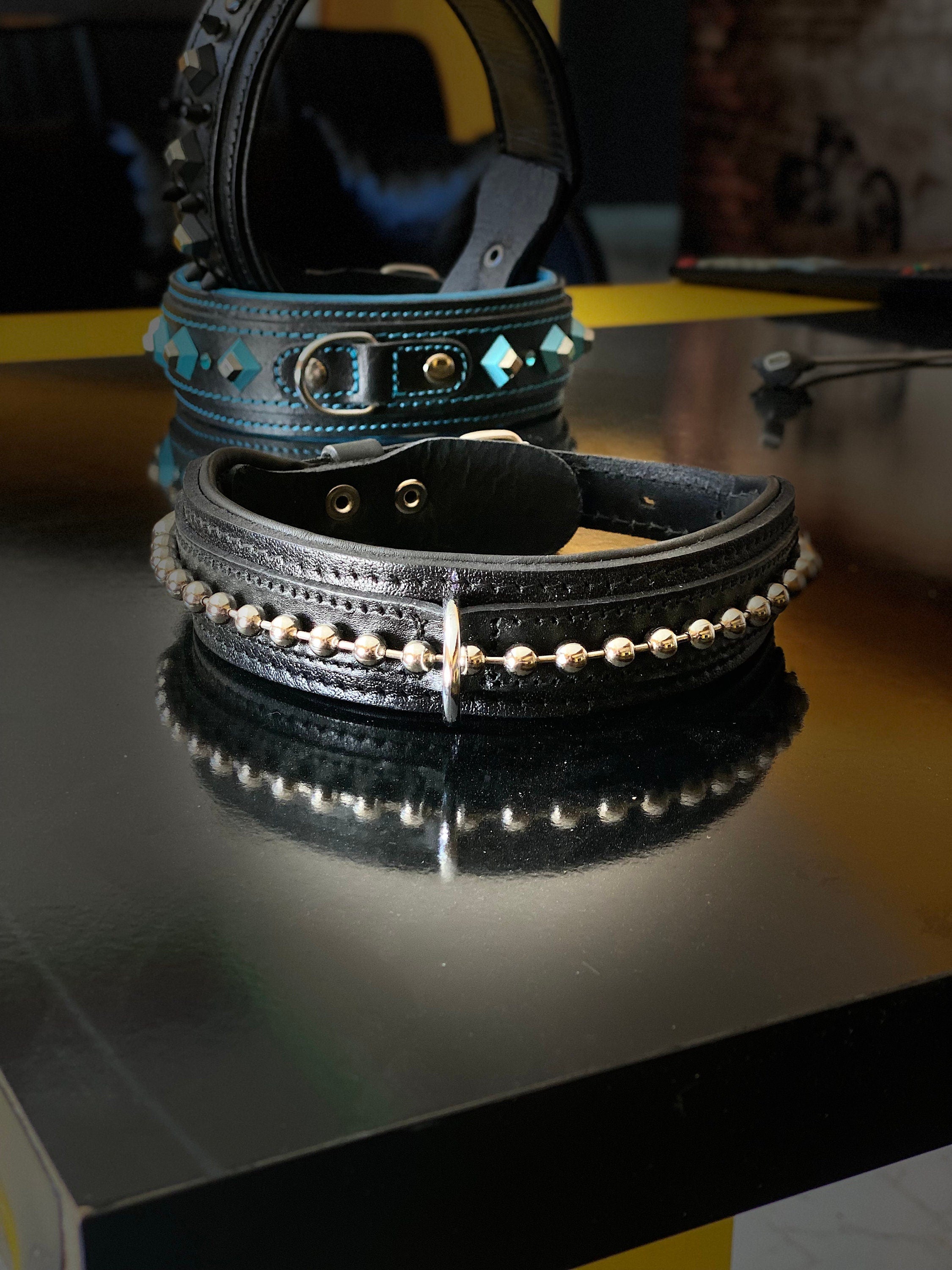 Black Buffalo Leather Dog Collar: Brass Bead Detail, Padded Lining