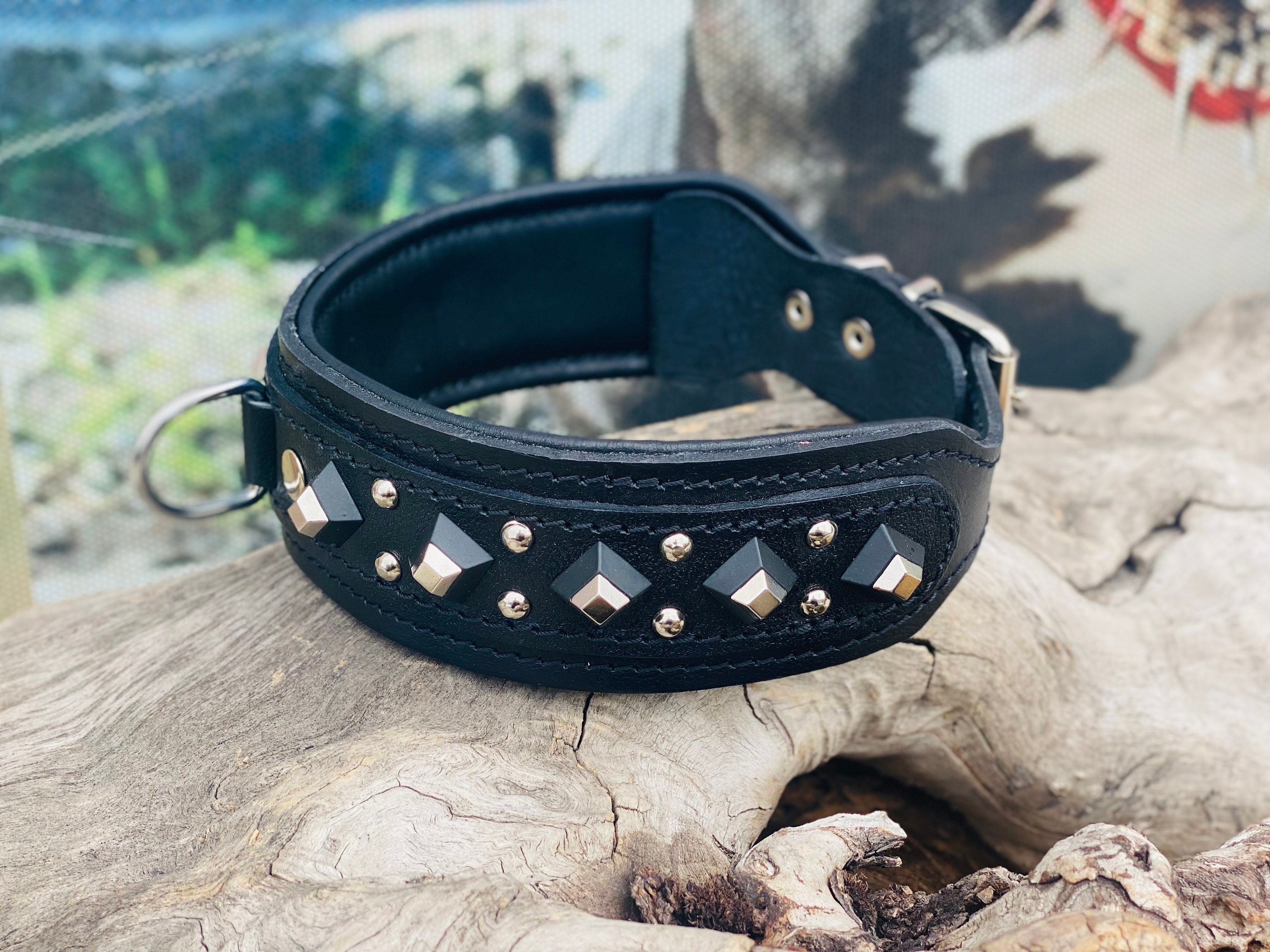 Black Leather Studded Dog Collar: Padded Buffalo Leather, Wide 4.5cm