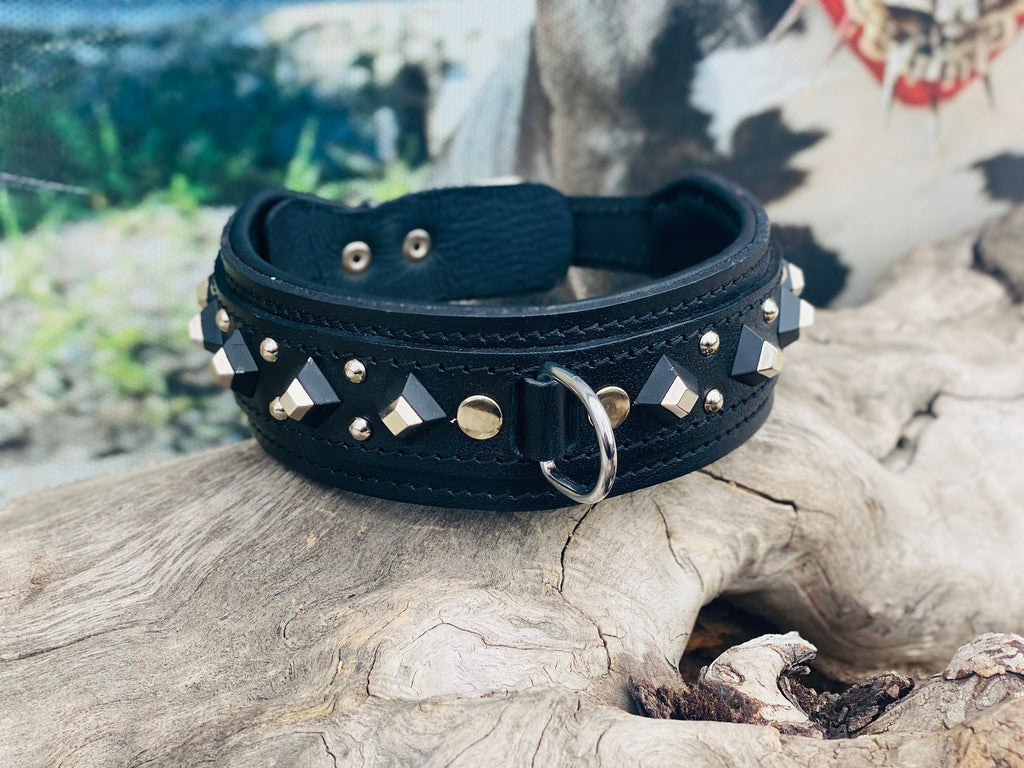 Black Leather Studded Dog Collar: Padded Buffalo Leather, Wide 4.5cm