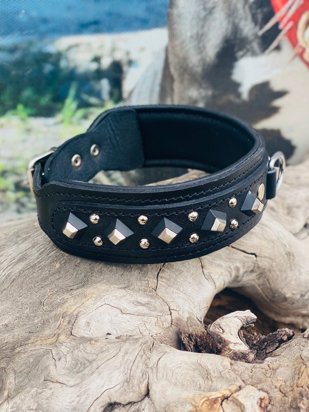 Black Leather Studded Dog Collar: Padded Buffalo Leather, Wide 4.5cm