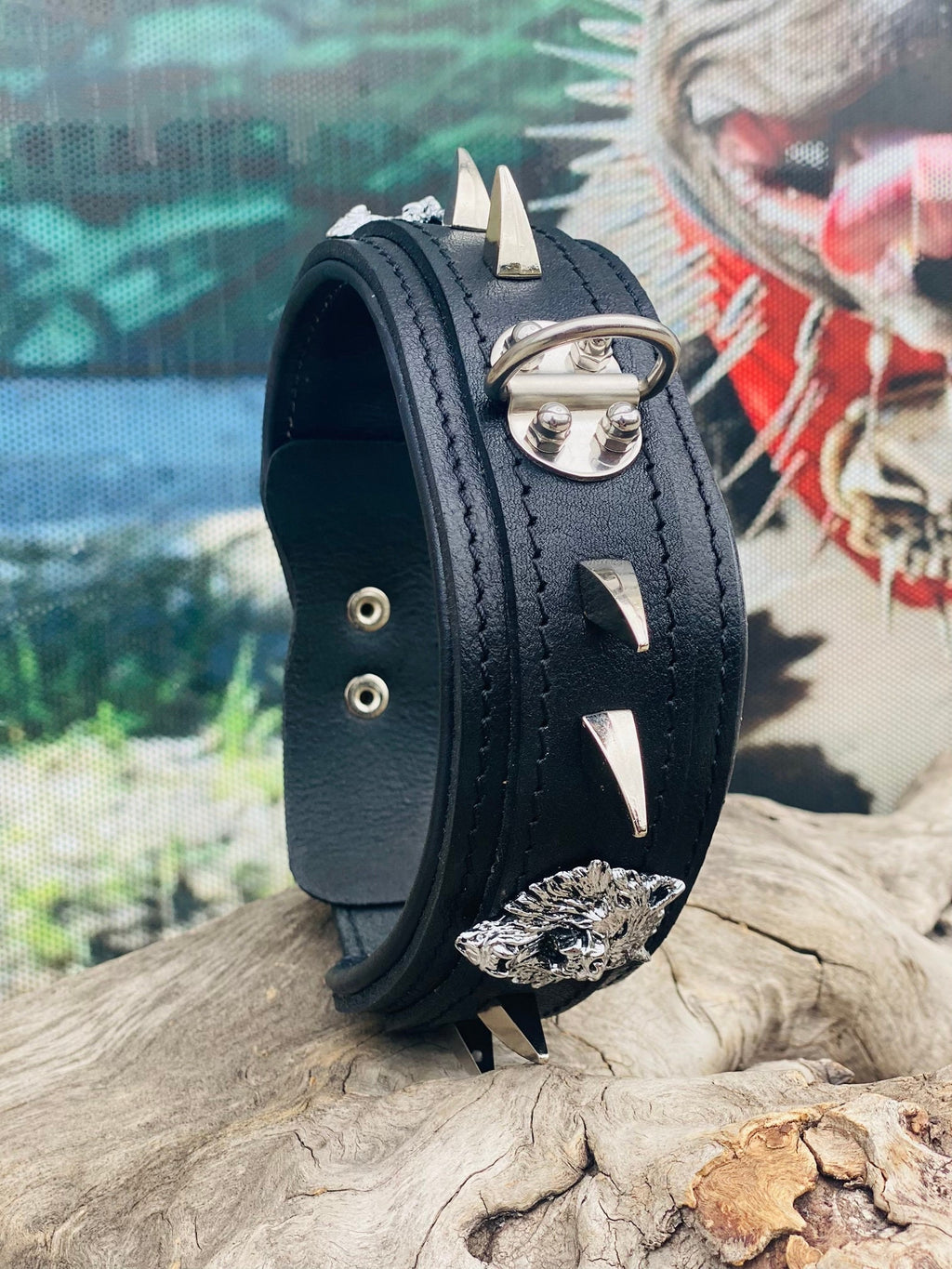 Handmade Black Leather Spiked Dog Collar: Wolf Emblem, Heavy Duty