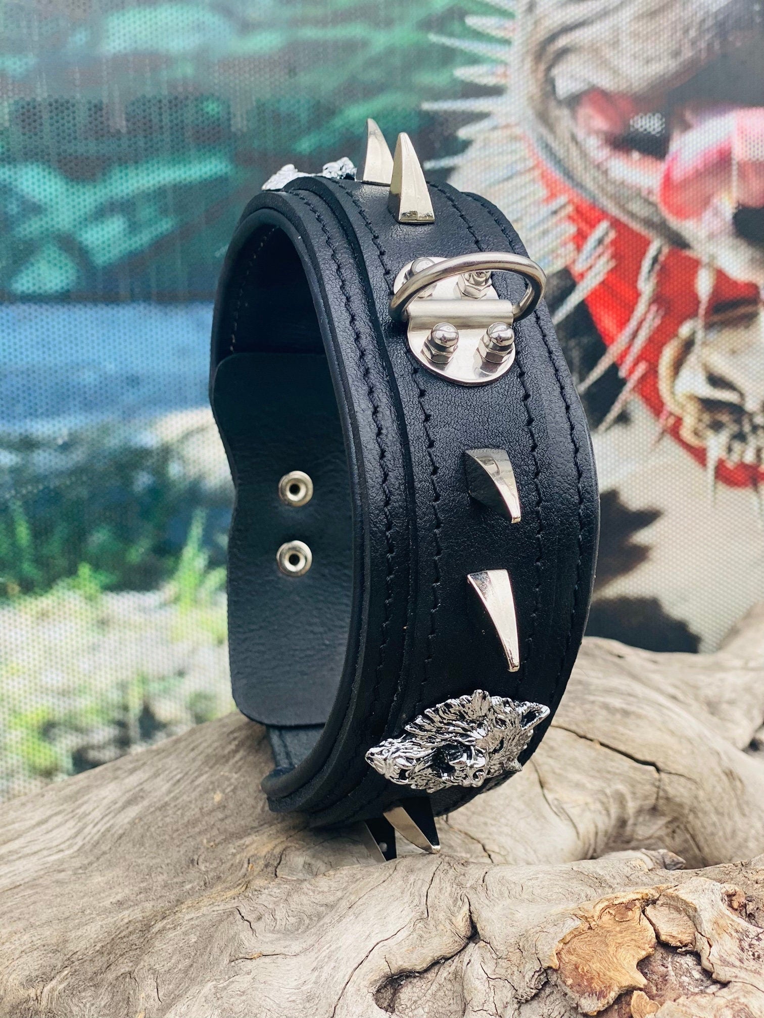 Handmade Black Leather Spiked Dog Collar: Wolf Emblem, Heavy Duty
