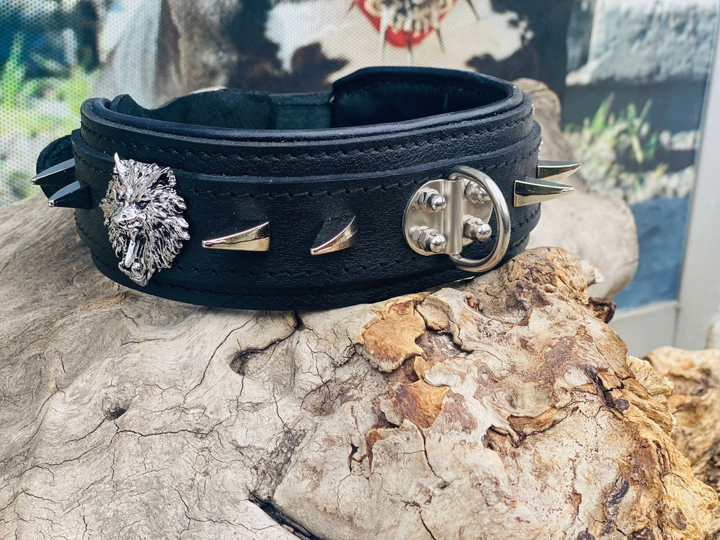Handmade Black Leather Spiked Dog Collar: Wolf Emblem, Heavy Duty