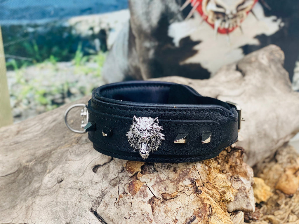 Handmade Black Leather Spiked Dog Collar: Wolf Emblem, Heavy Duty