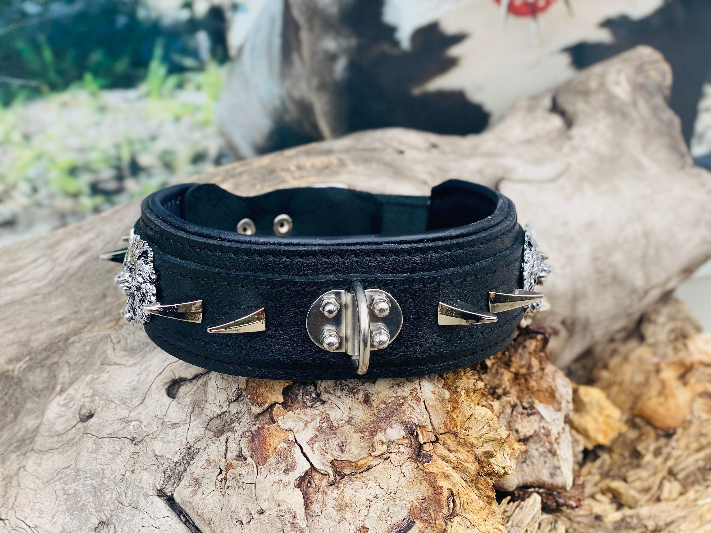 Handmade Black Leather Spiked Dog Collar: Wolf Emblem, Heavy Duty