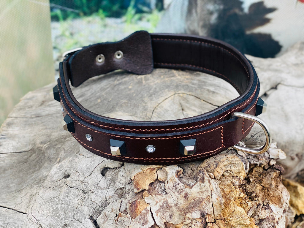 Brown Buffalo Leather Dog Collar: Black Studs & Crystals, Padded Lining