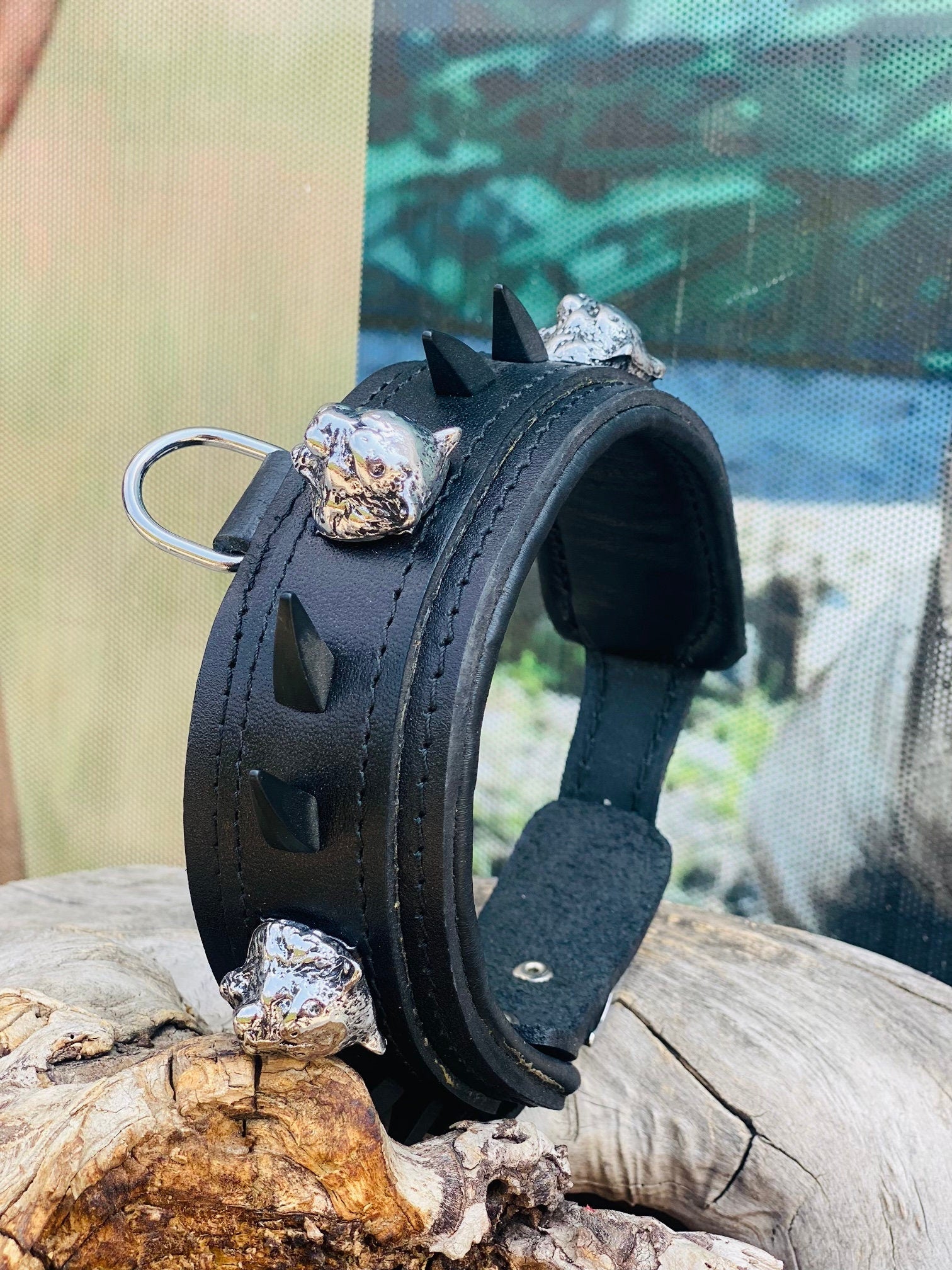 Black Buffalo Leather Dog Collar: Panther Head Studs, Matte Black Spikes