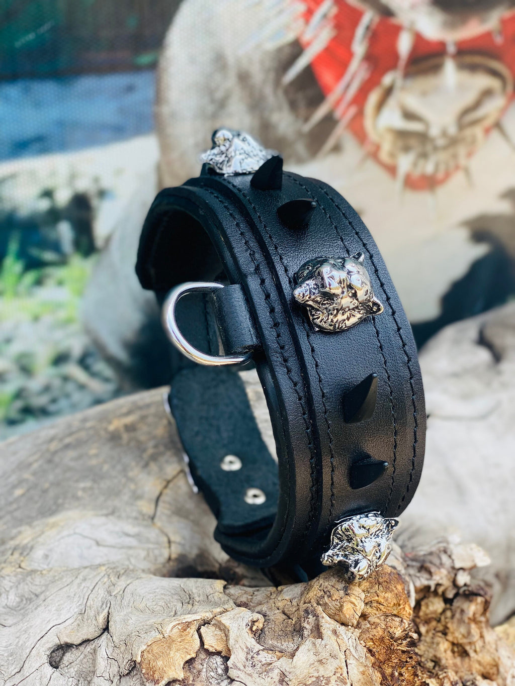 Black Buffalo Leather Dog Collar: Panther Head Studs, Matte Black Spikes