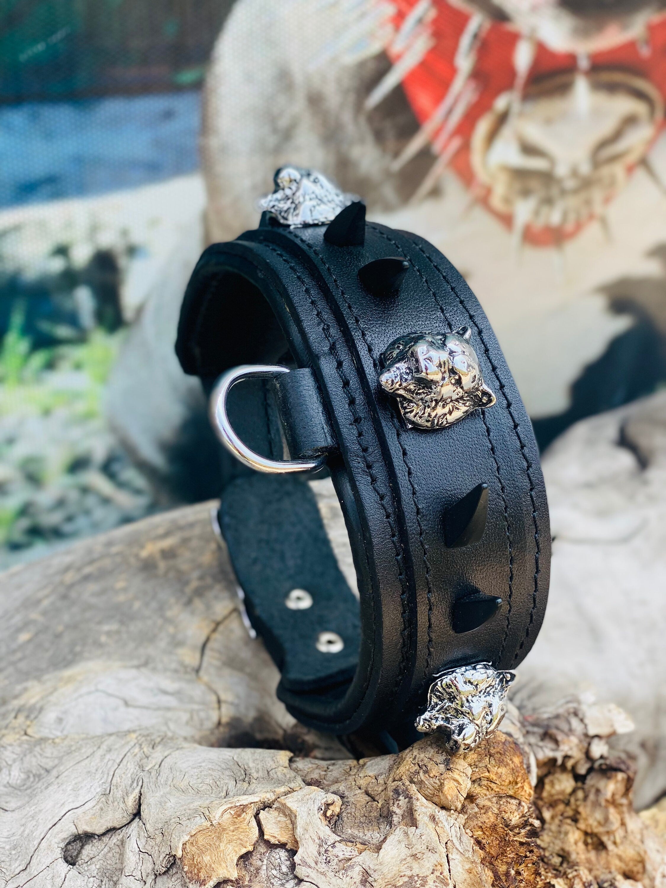Black Buffalo Leather Dog Collar: Panther Head Studs, Matte Black Spikes