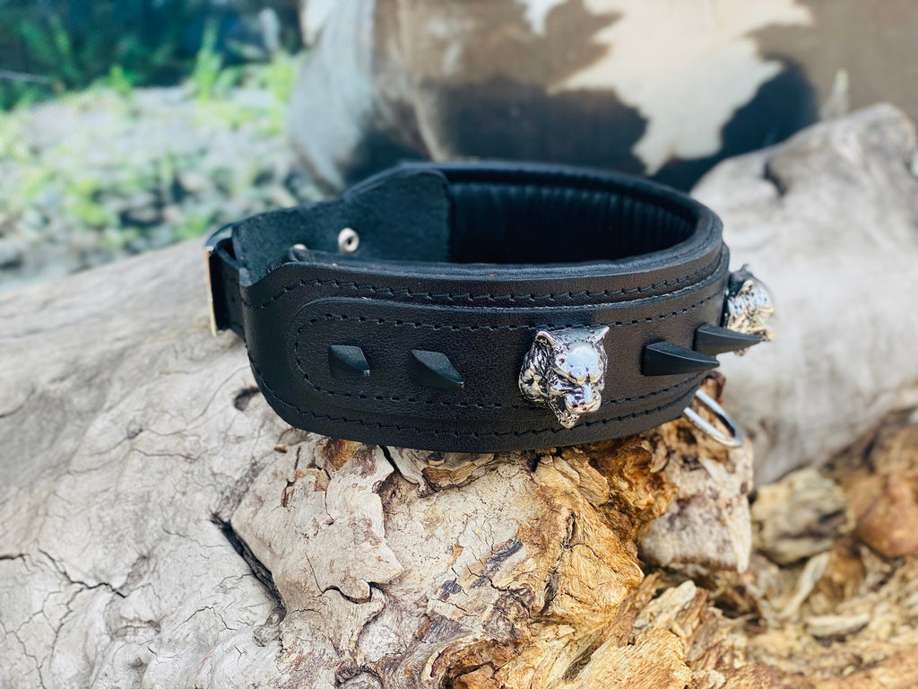 Black Buffalo Leather Dog Collar: Panther Head Studs, Matte Black Spikes