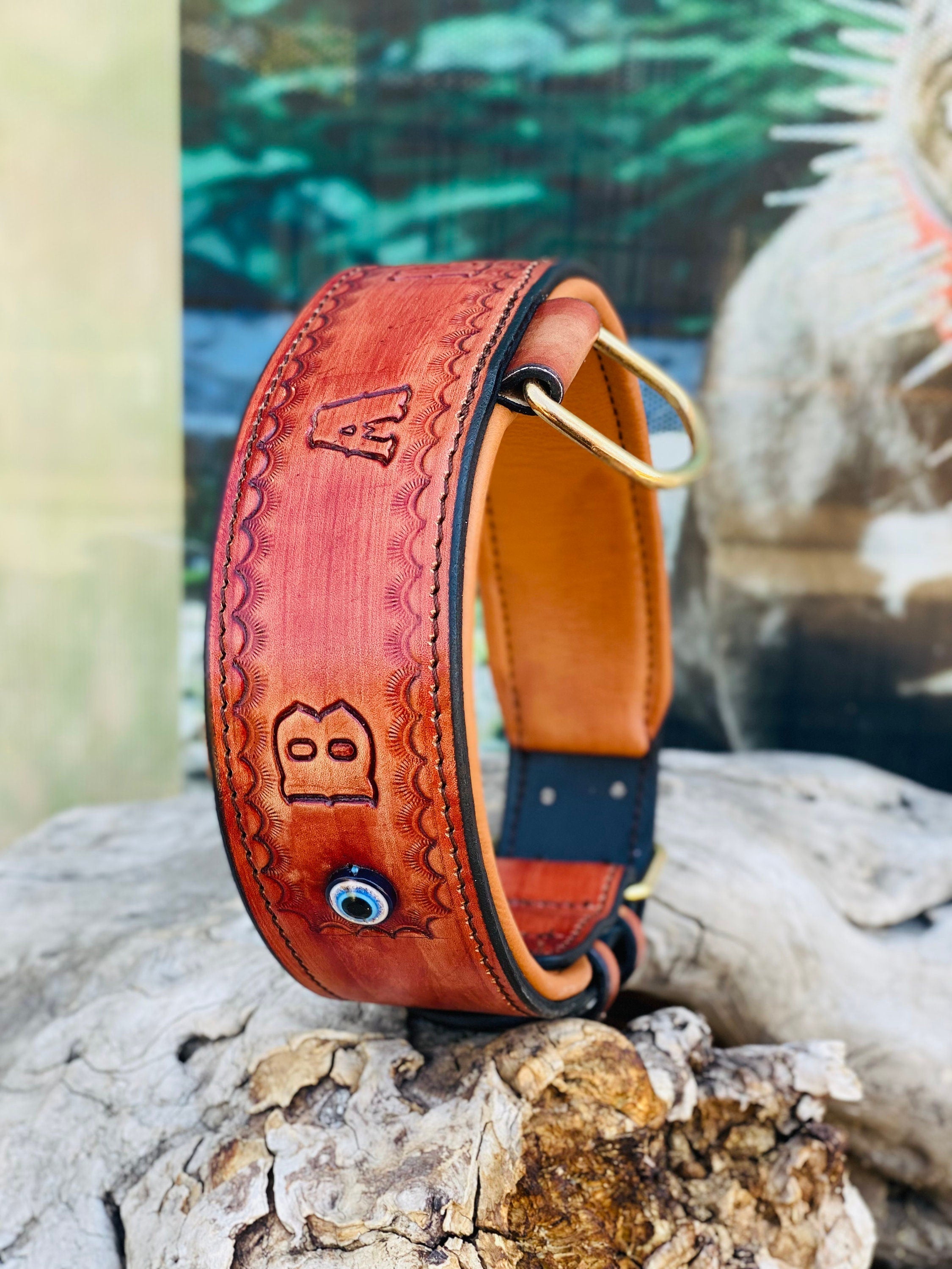 Custom Engraved Buffalo Leather Dog Collar: Wide, Evil Eye Bead