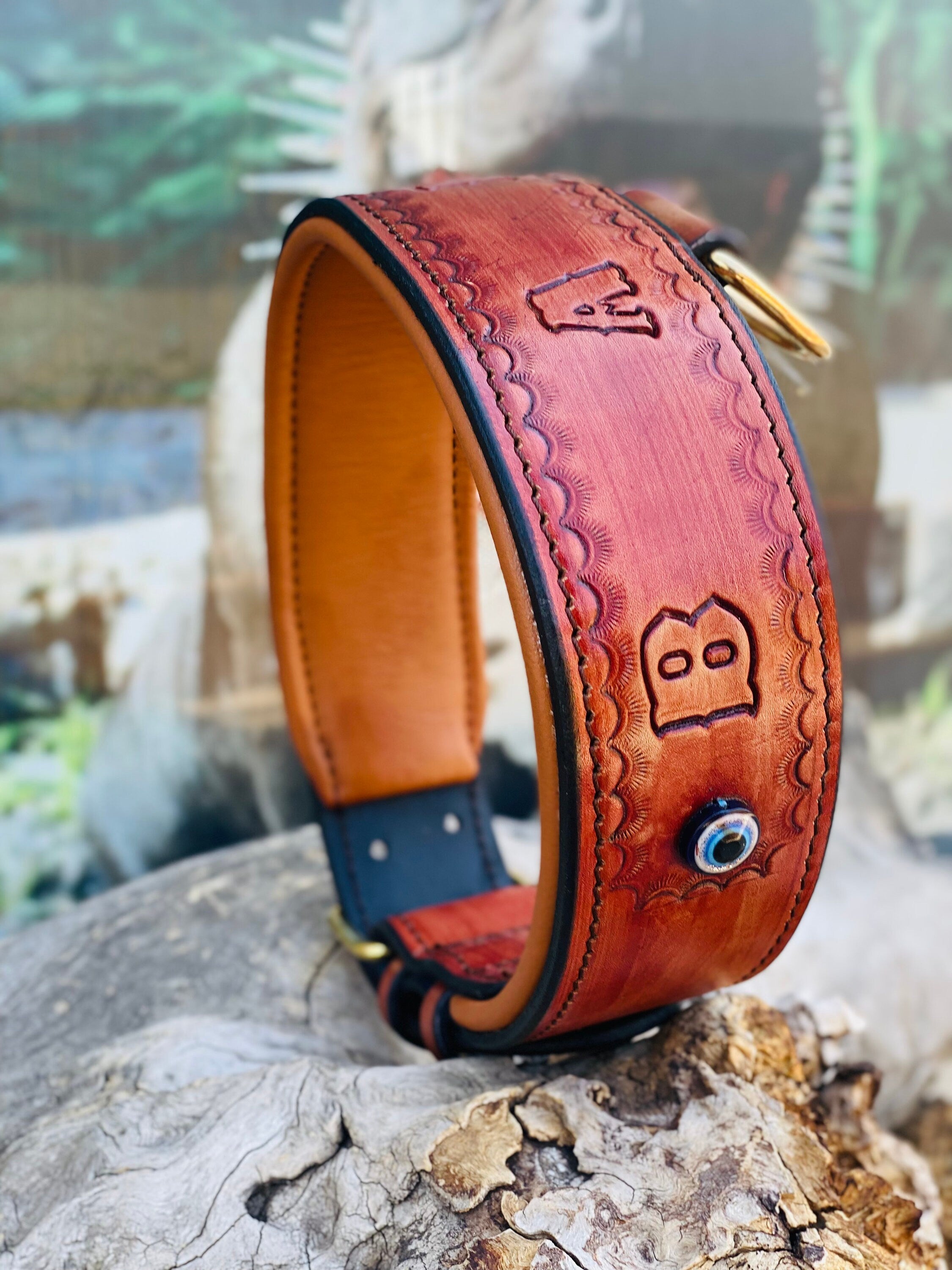 Custom Engraved Buffalo Leather Dog Collar: Wide, Evil Eye Bead
