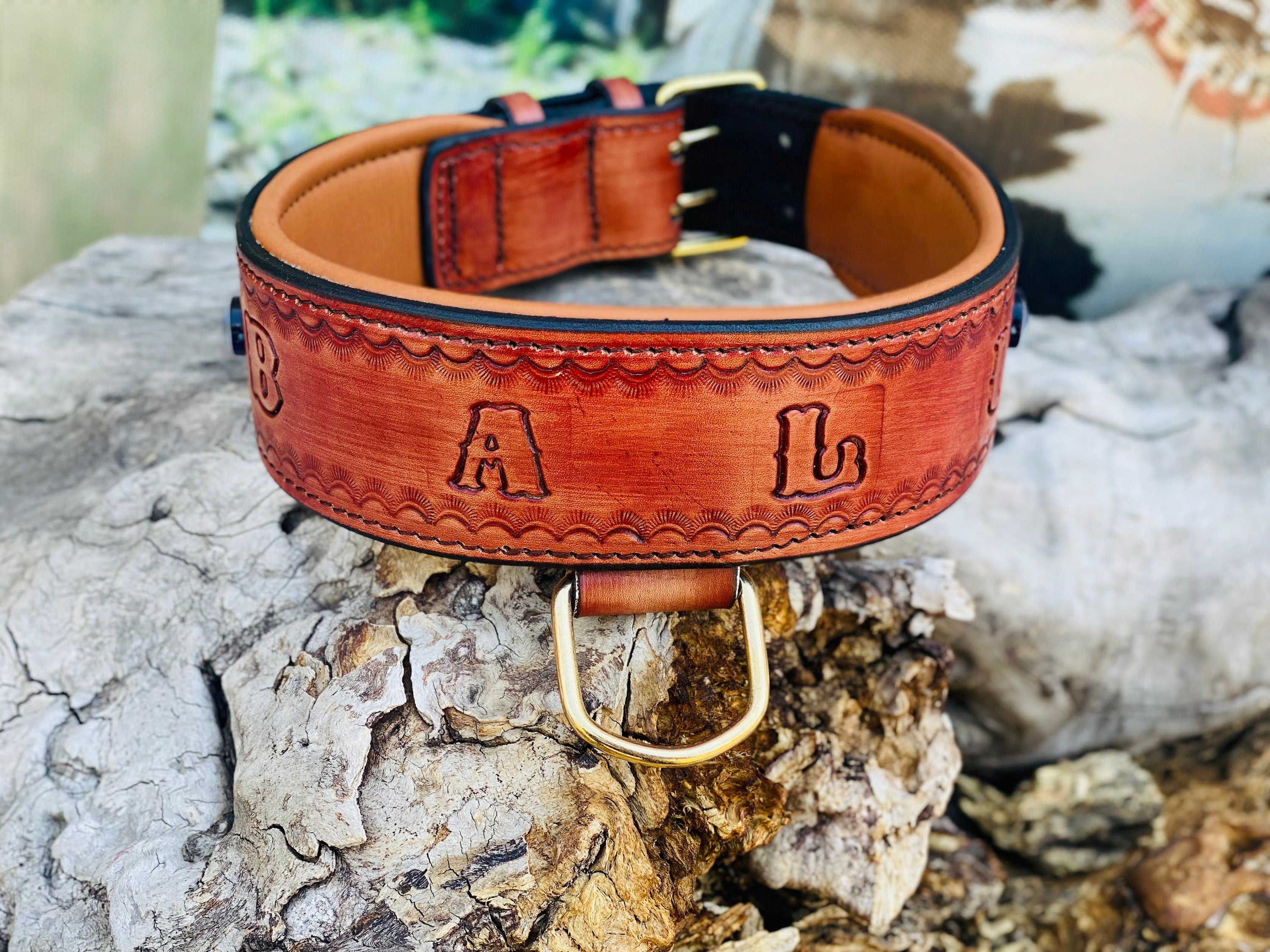 Custom Engraved Buffalo Leather Dog Collar: Wide, Evil Eye Bead