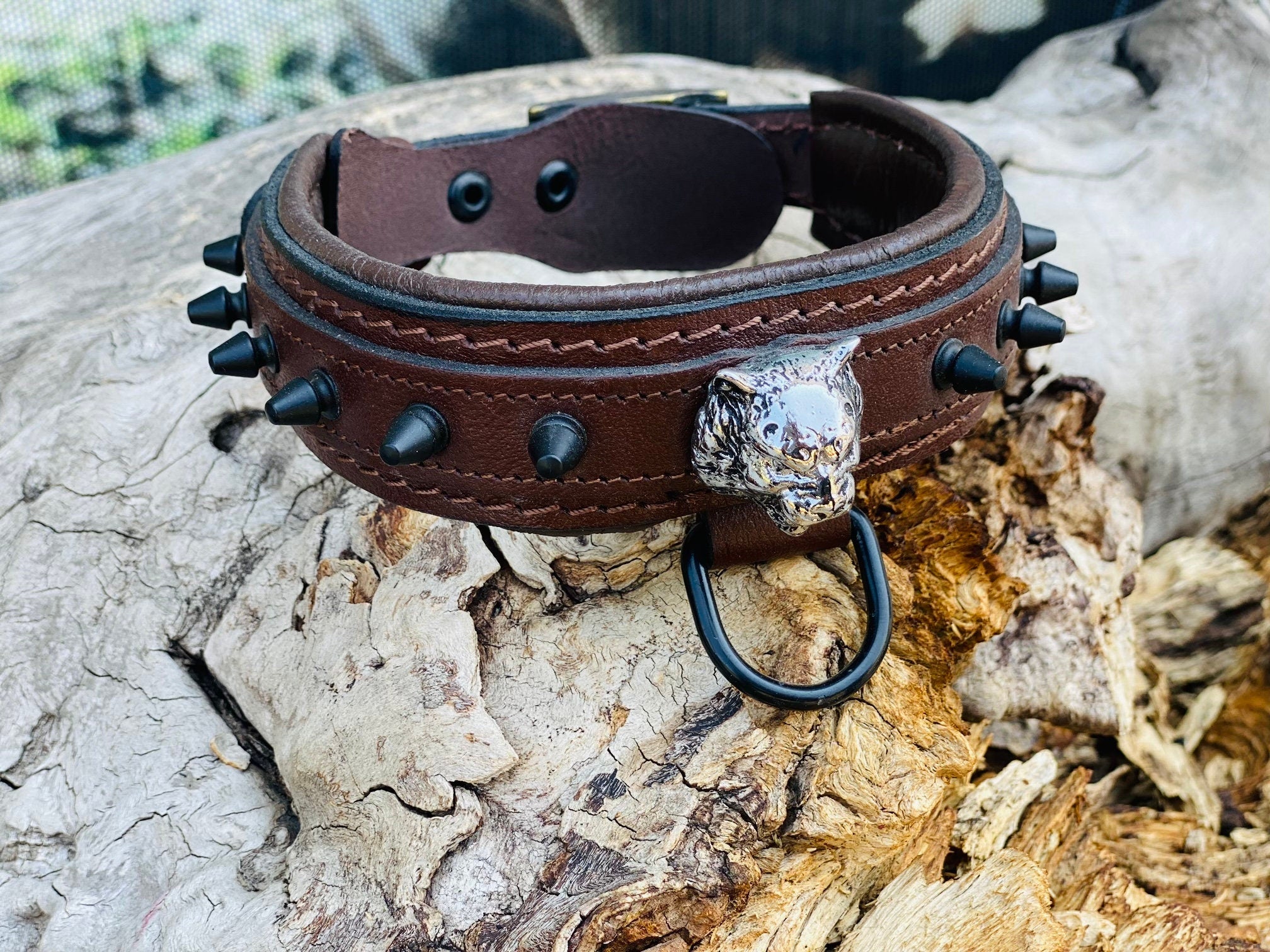 Brown Leather Spiked Dog Collar: Silver Lion Emblem, Padded Comfort