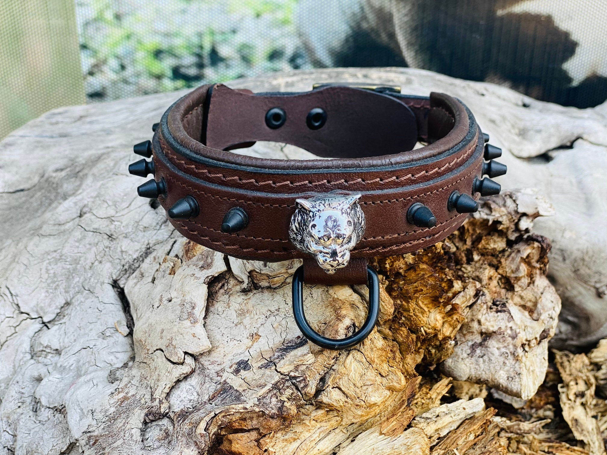 Brown Leather Spiked Dog Collar: Silver Lion Emblem, Padded Comfort