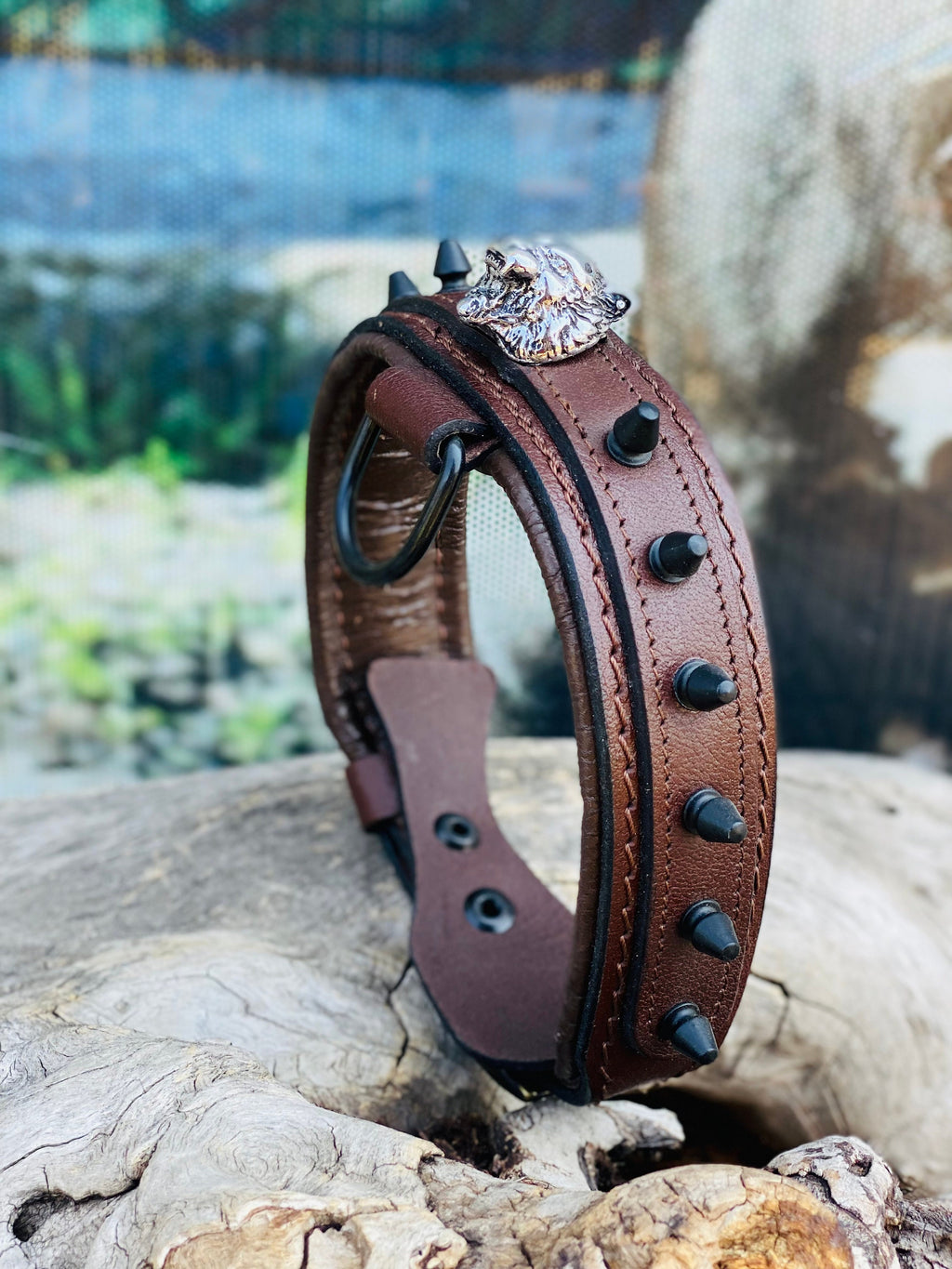 Brown Leather Spiked Dog Collar: Silver Lion Emblem, Padded Comfort