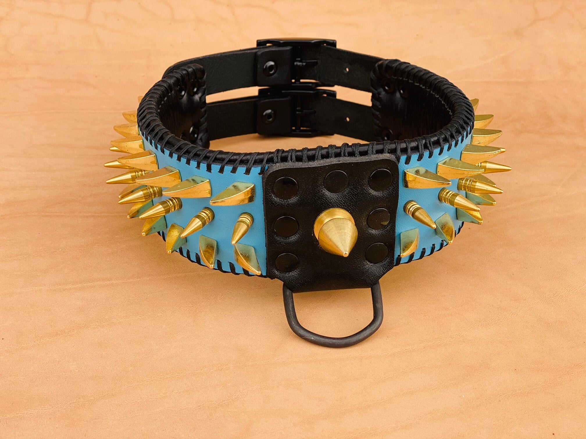 Turquoise Spiked Leather Dog Collar: Gold Spikes, Black Stitch - American Bully