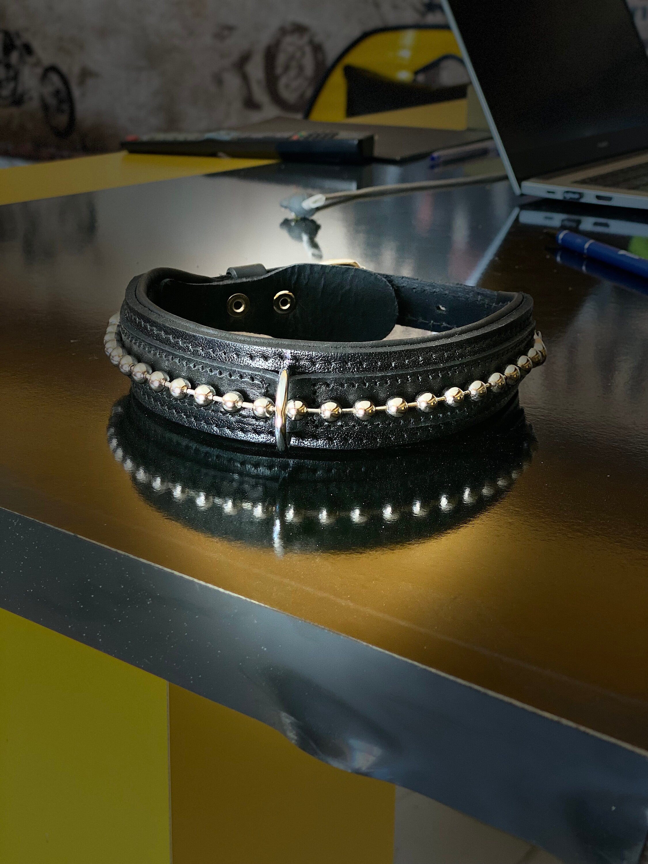 Black Buffalo Leather Dog Collar: Brass Bead Detail, Padded Lining