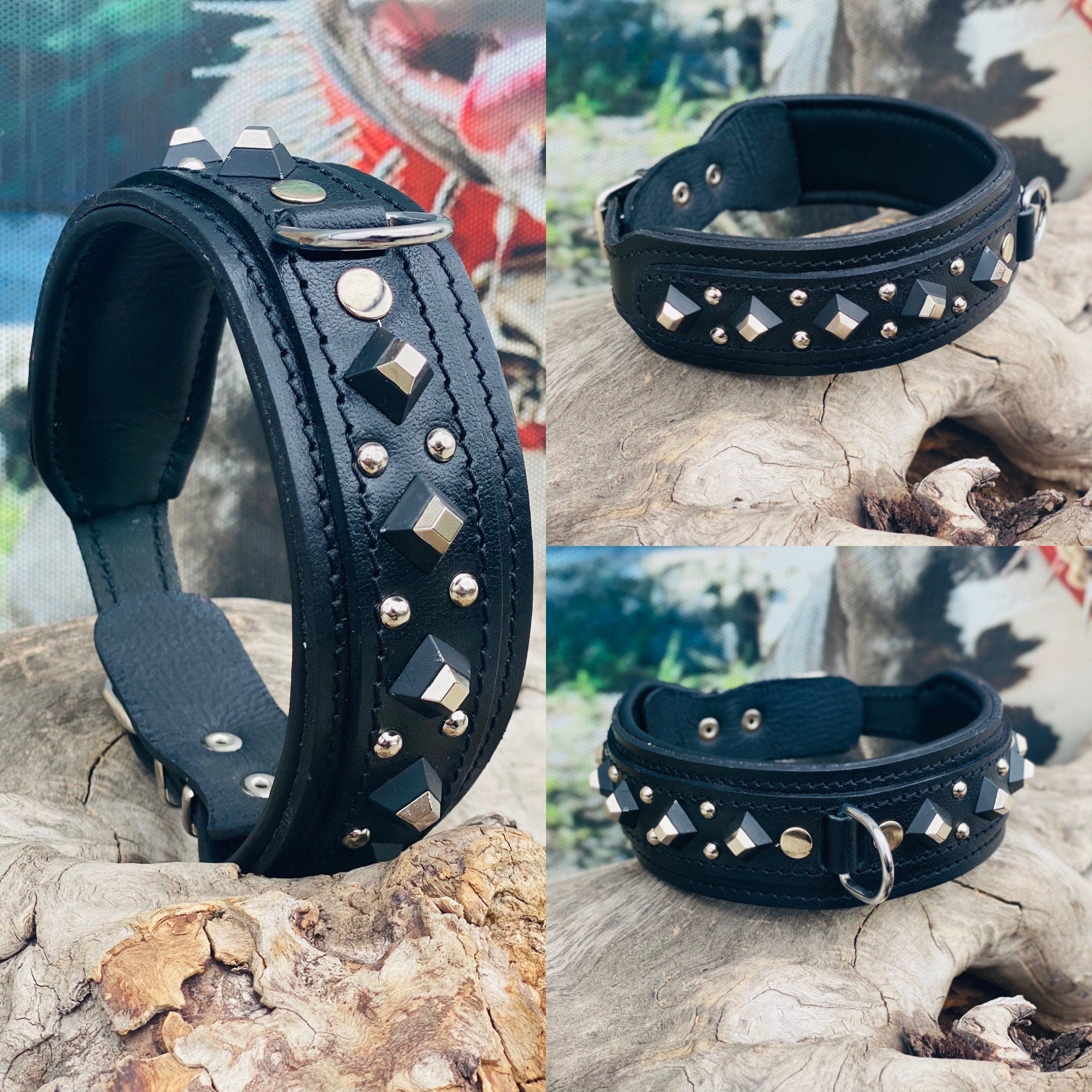 Black Leather Studded Dog Collar: Padded Buffalo Leather, Wide 4.5cm