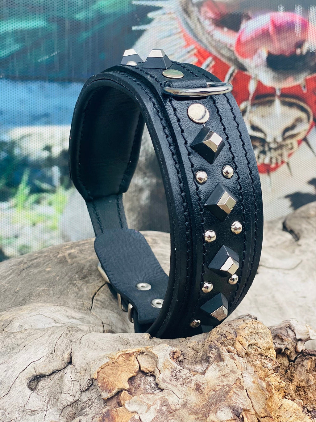 Black Leather Studded Dog Collar: Padded Buffalo Leather, Wide 4.5cm