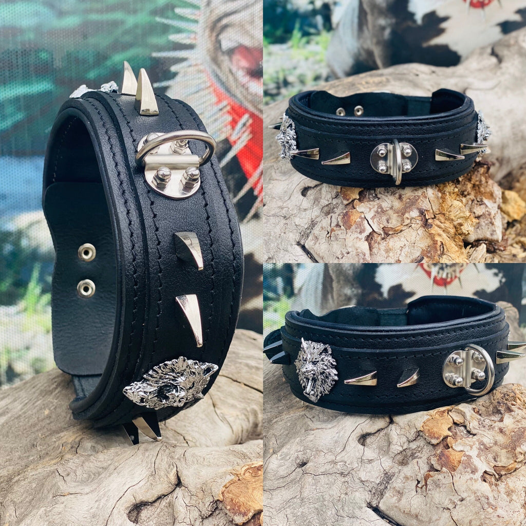 Handmade Black Leather Spiked Dog Collar: Wolf Emblem, Heavy Duty