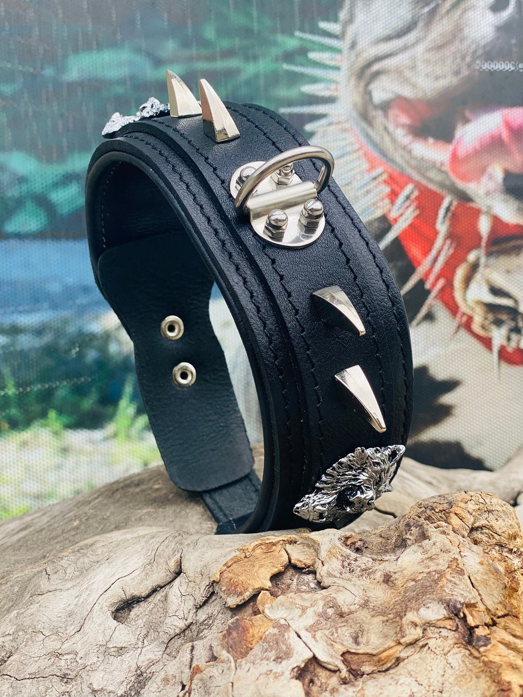 Handmade Black Leather Spiked Dog Collar: Wolf Emblem, Heavy Duty