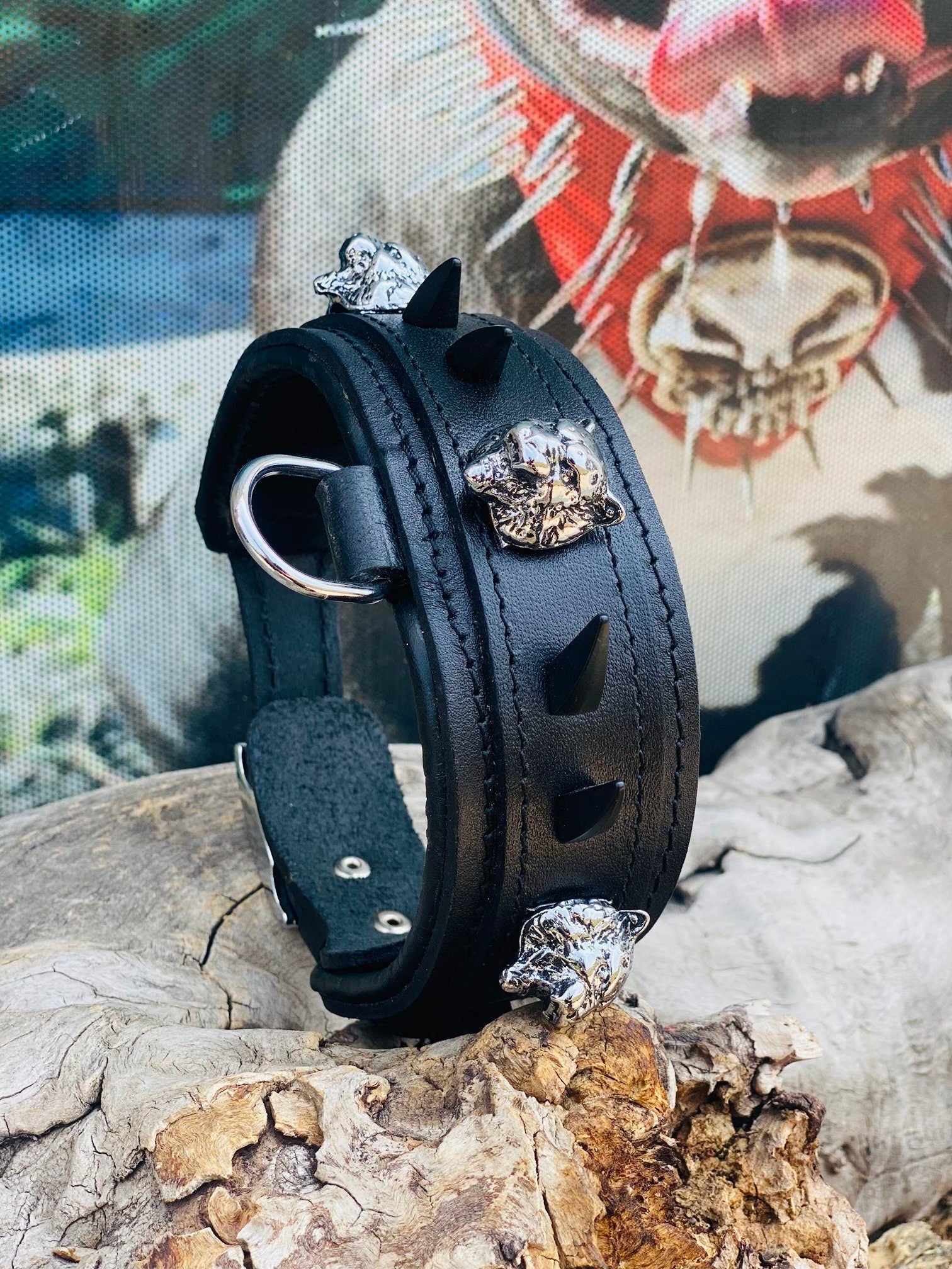 Black Buffalo Leather Dog Collar: Panther Head Studs, Matte Black Spikes