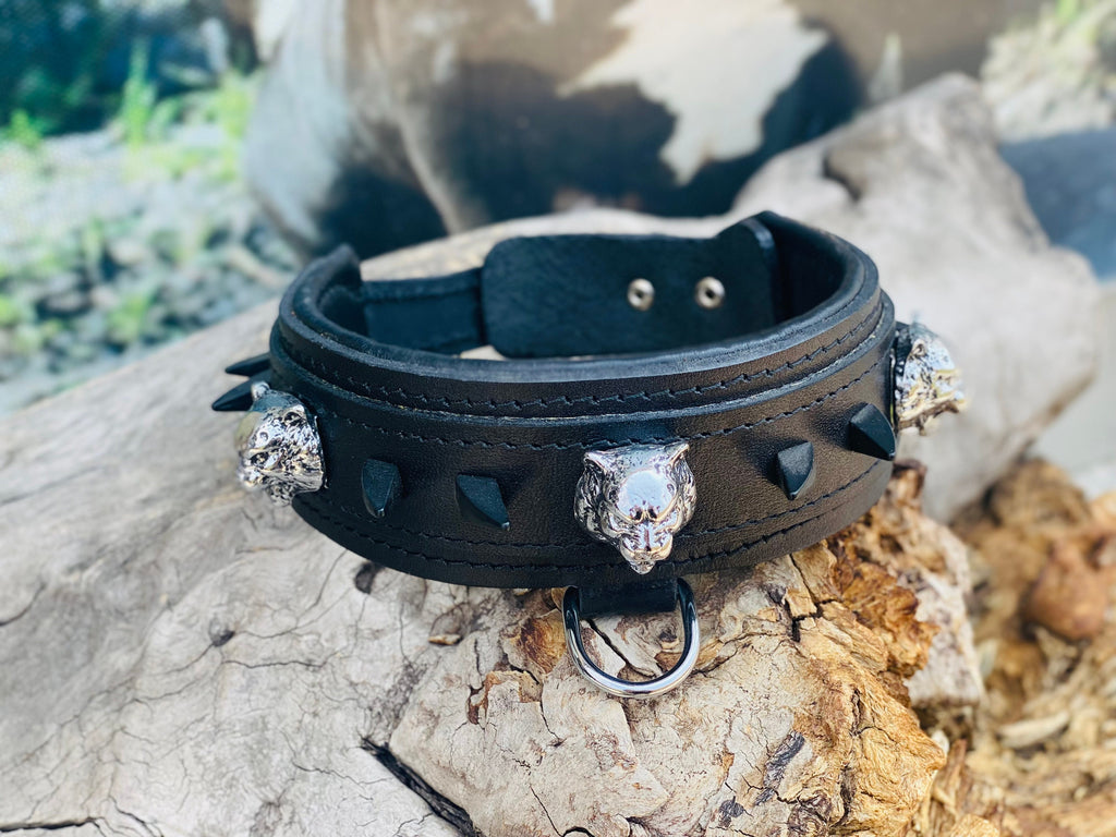 Black Buffalo Leather Dog Collar: Panther Head Studs, Matte Black Spikes