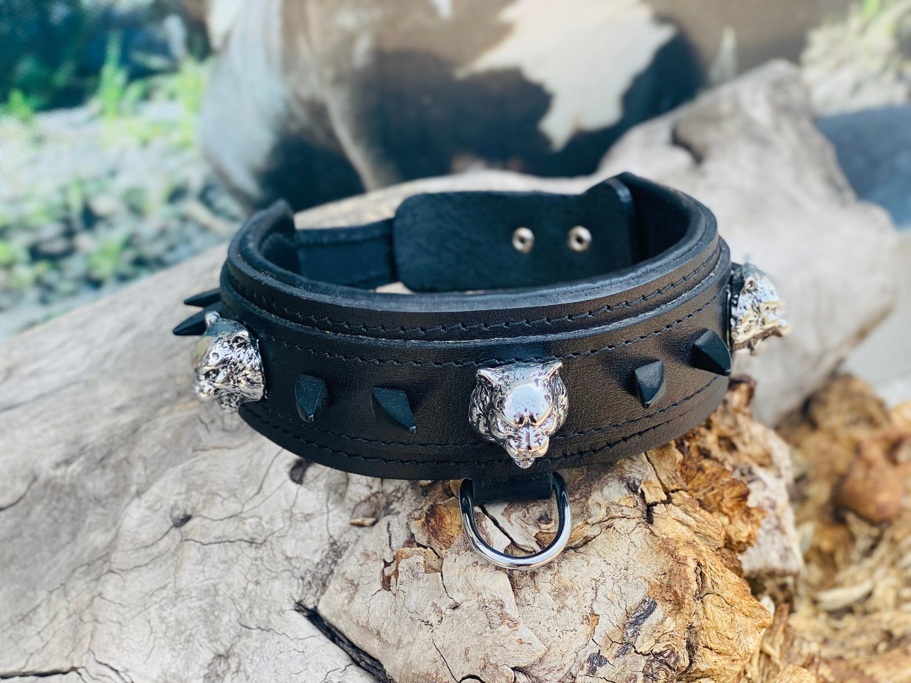 Black Buffalo Leather Dog Collar: Panther Head Studs, Matte Black Spikes