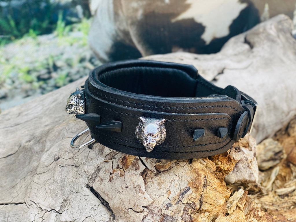 Black Buffalo Leather Dog Collar: Panther Head Studs, Matte Black Spikes