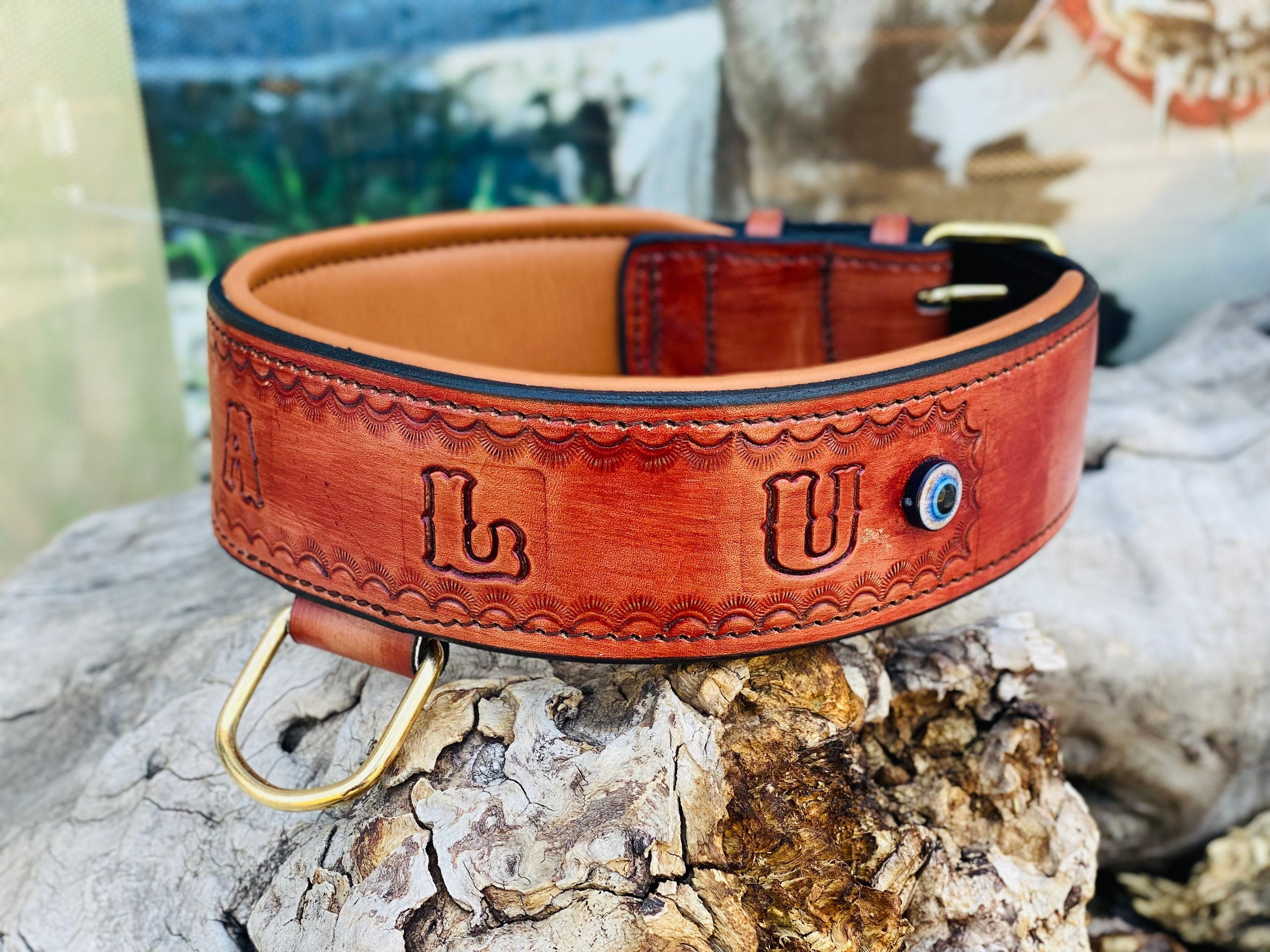 Custom Engraved Buffalo Leather Dog Collar: Wide, Evil Eye Bead