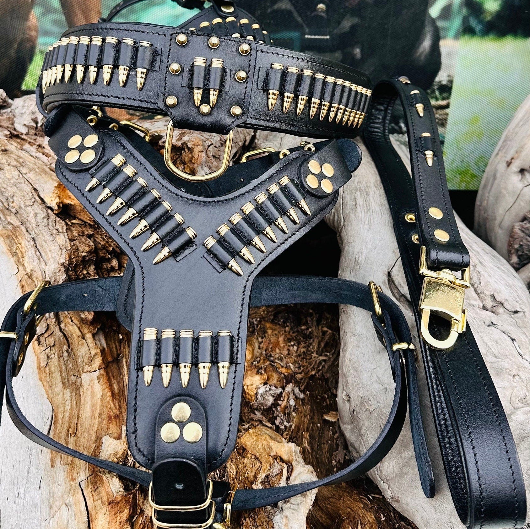 Handmade Buffalo Leather Dog Collar Set: Engraved Nameplate, Large Breeds