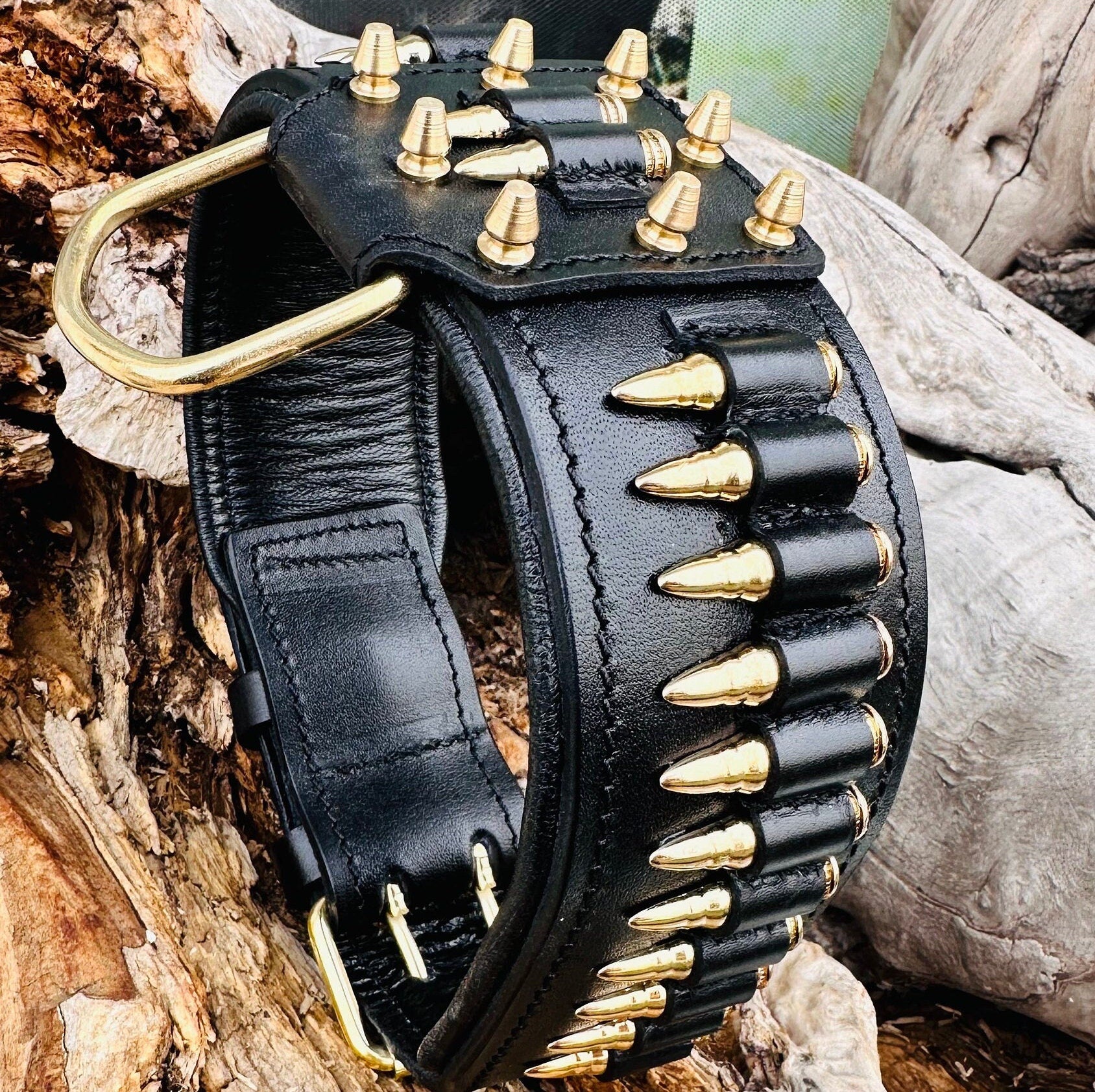 Handmade Buffalo Leather Dog Collar Set: Engraved Nameplate, Large Breeds