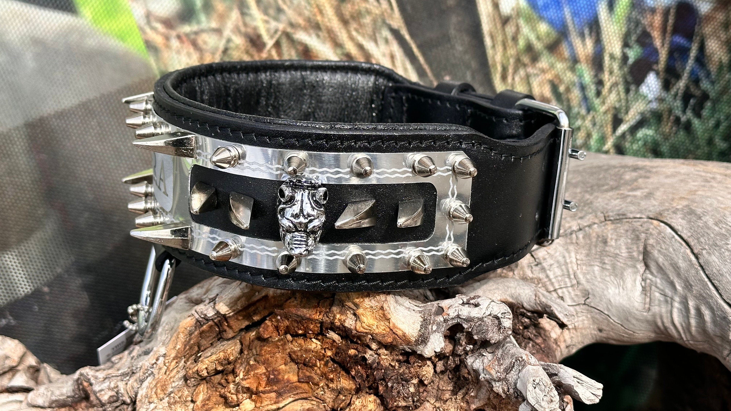 Handmade leather dog collar with custom engraved name plate from A&C Dog Collars, featuring a brown leather strap and metal hardware.
