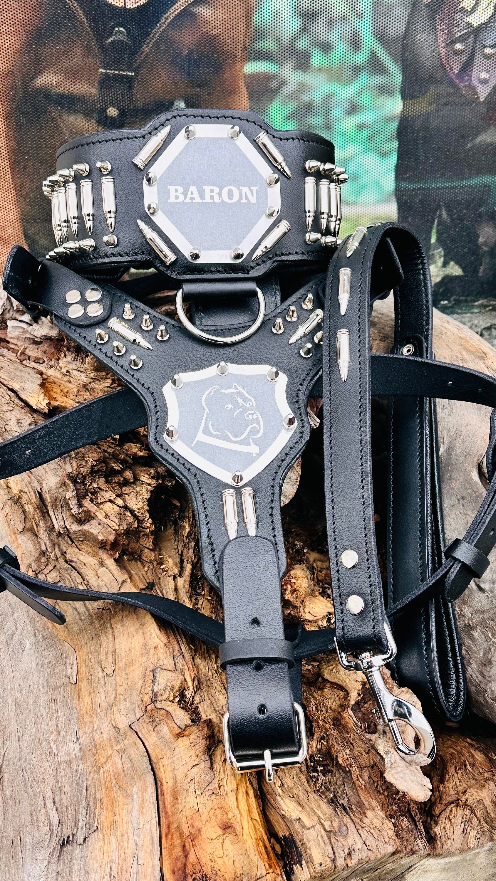 Handmade Buffalo Leather Dog Harness Set: Personalized Engraved Collar