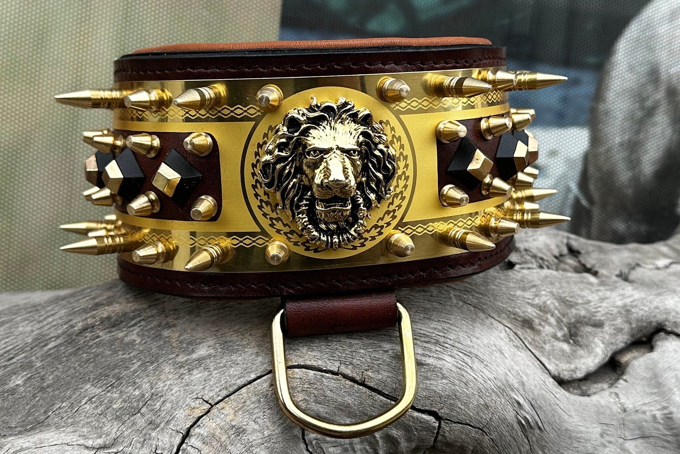 Handmade Leather Dog Collar: Lion Figured, Gold Brass, Engraved Nameplate