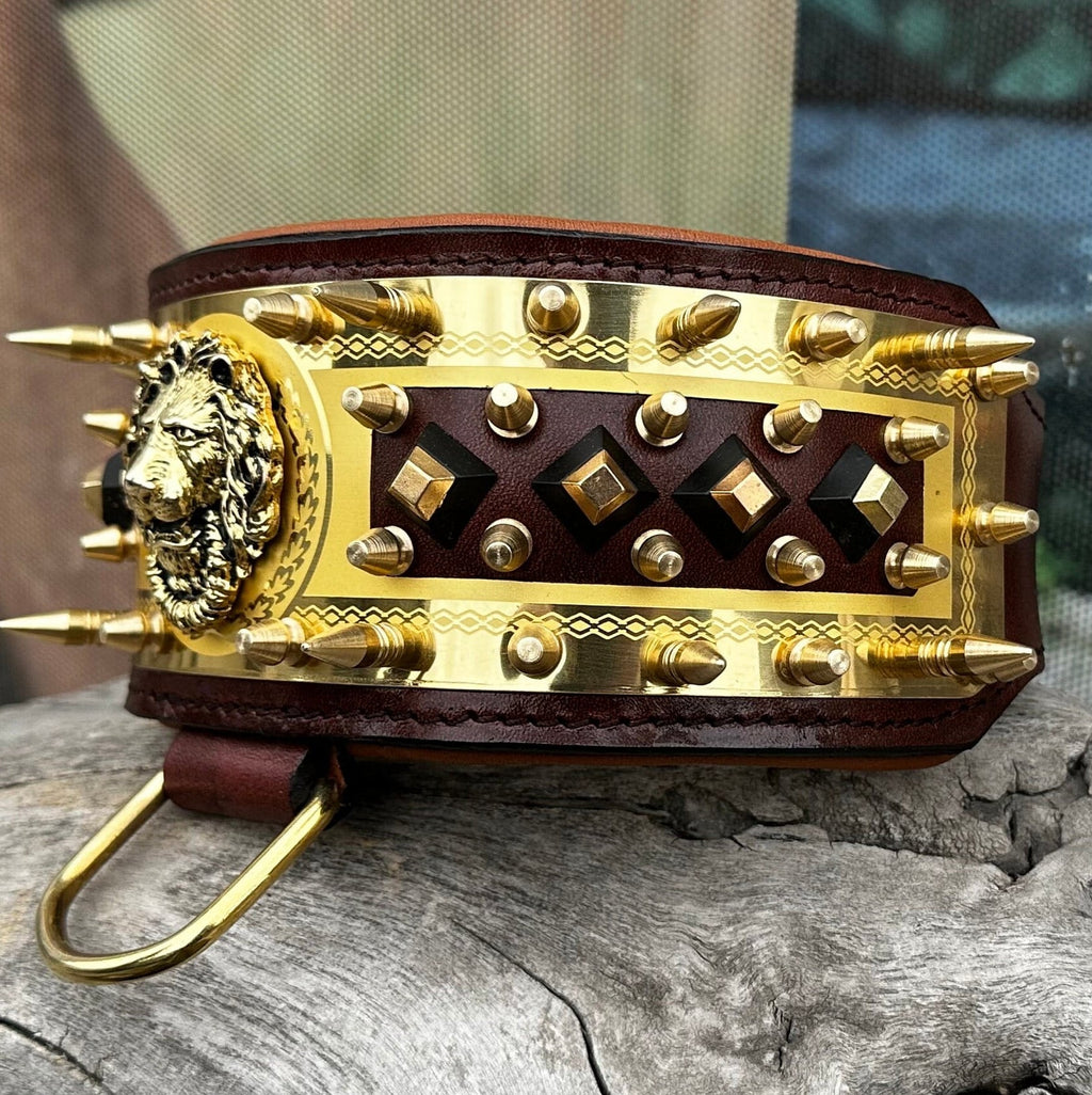 Handmade Leather Dog Collar: Lion Figured, Gold Brass, Engraved Nameplate