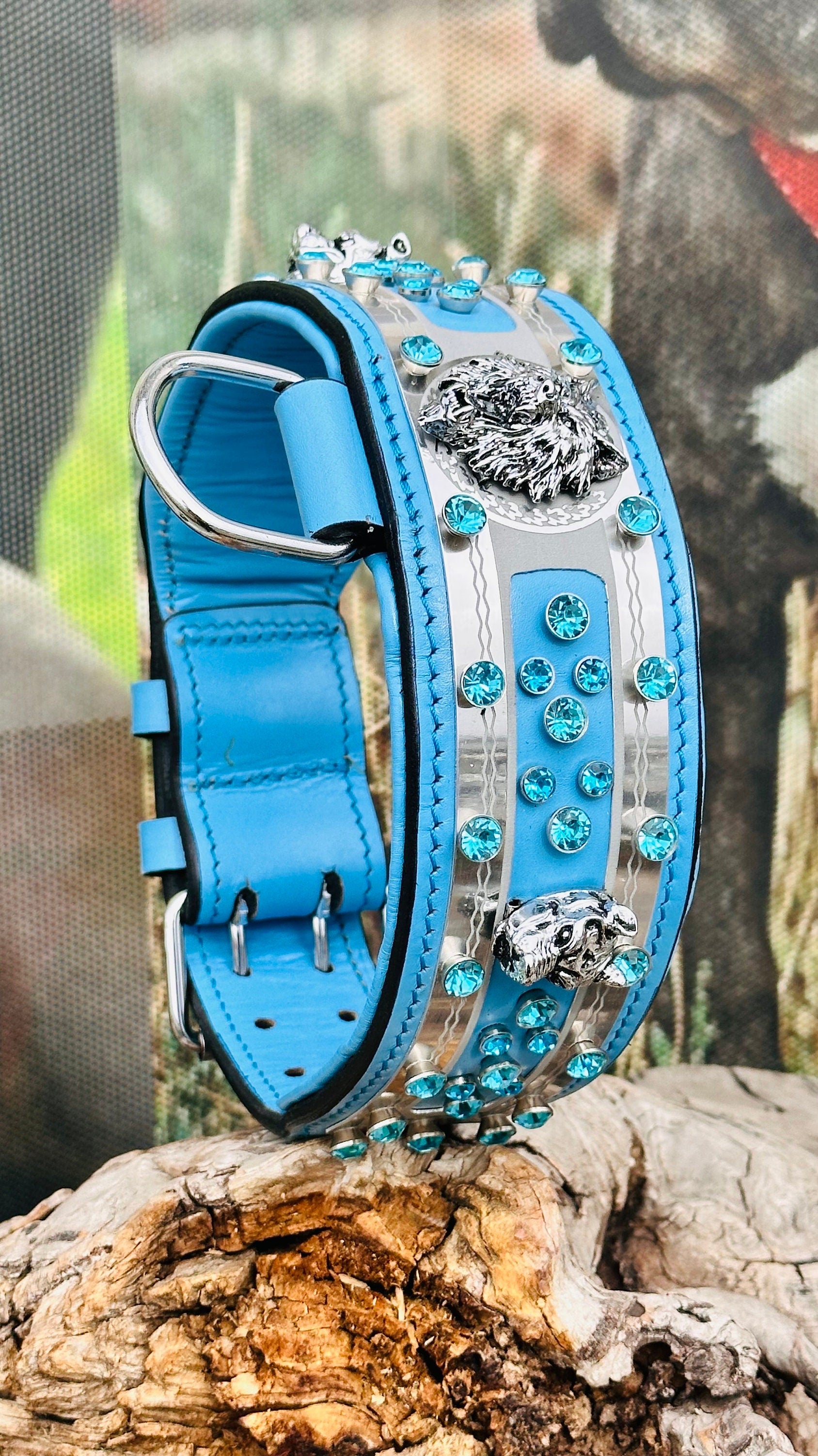 Handmade Blue Crystal Leather Dog Collar: Wide Luxury Collar for Large Breeds