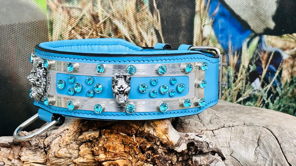 Handmade Blue Crystal Leather Dog Collar: Wide Luxury Collar for Large Breeds