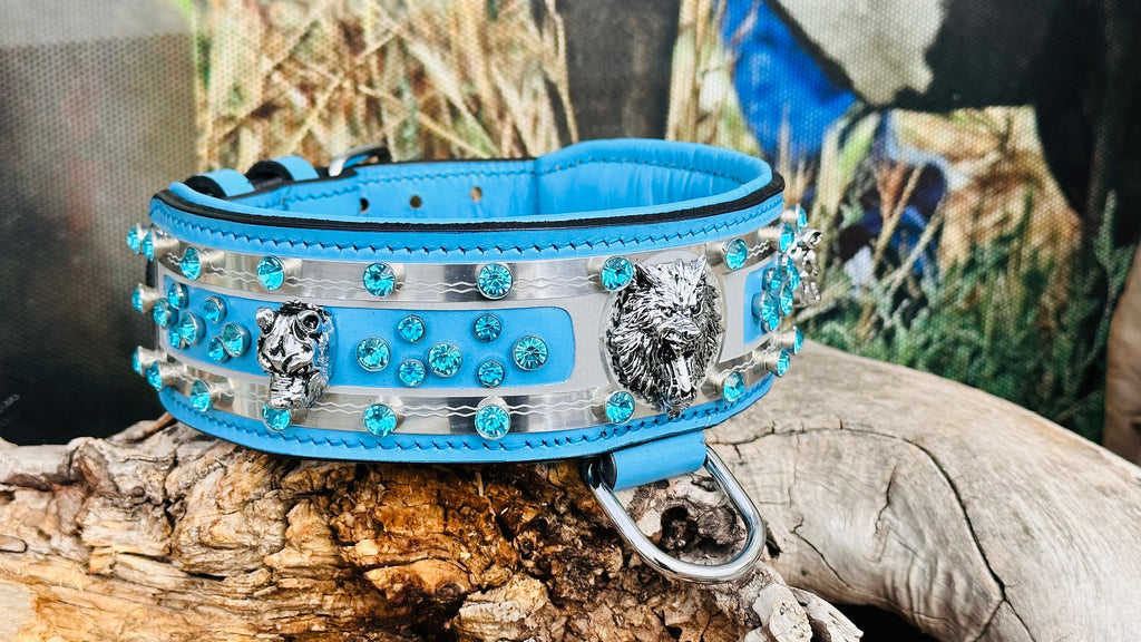 Handmade Blue Crystal Leather Dog Collar: Wide Luxury Collar for Large Breeds